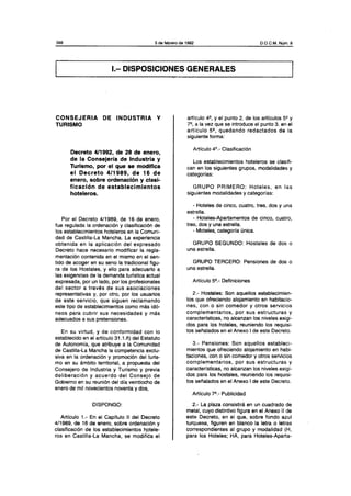 Decreto 4 /1992 Modificacion de la ordenacion y clasificacion de establecimientos hoteleros