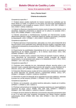 Boletín Oficial de Castilla y León
Núm. 190 Pág. 49692
Viernes, 30 de septiembre de 2022
Coro y Técnica Vocal I
Criterios de evaluación
Competencia específica 1
1.1 Analizar piezas vocales explicando de manera razonada las cualidades que las
hacen afines a un estilo, a un género o a una cultura, así como otras características de
la interpretación y de la puesta en escena. (CCLC1, CCLC2, CP3, CD1, CPSAA1.1,
CC3, CCEC1, CCEC2, CCEC4.2)
1.2 Valorar la influencia e importancia de la música vocal a lo largo de la historia y en la
actualidad, analizando críticamente su relación con la cultura y la sociedad. (CCL1,
CCL2, CP3, STEM2, CPSAA1.1, CC3, CCEC1)
1.3 Atender activamente a manifestaciones musicales con intervenciones vocales,
diferenciando géneros y estilos, mostrando interés por ampliar sus gustos y enriquecer
la interpretación. (CCL1, CPSAA1.1, CC3, CCEC1, CCEC2, CCEC3.1)
Competencia específica 2
2.1 Realizar ejercicios e improvisaciones, adecuadas a su nivel, para el desarrollo de la
escucha activa y de la capacidad vocal, aplicando técnicas vocales y corporales sanas,
y reforzando la autoestima y la autoconfianza. (CCL2, CCL5, CPSAA2, CPSAA3.1, CE2,
CCEC3.2)
2.2 Experimentar las posibilidades interpretativas de la voz y del cuerpo, valorando la
importancia de los hábitos corporales y de la técnica vocal. (CCL2, CCL5, CD3,
CPSAA2, CPSAA3.1, CE2, CCEC3.2)
2.3 Valorar la práctica vocal y corporal como forma de expresión musical y disfrute, y
como instrumento de comunicación, utilizando fuentes musicales de notación
convencional y no convencional como apoyo a la interpretación. (CCL1, CCL2, CCL5,
CPSAA3.1, CC1, CC3, CE2, CCEC3.1)
Competencia específica 3
3.1 Participar como intérprete de coro, demostrando eficacia, escucha activa y una
expresión vocal y corporal adecuada al servicio del conjunto y a las directrices de la
dirección. (CCL2, CP1, CPSAA1.1, CPSAA1.3, CE2, CCEC1, CCEC3.2, CCEC4.2)
3.2 Interpretar diferentes piezas vocales de forma colaborativa produciendo una calidad
de sonido adecuada con precisión técnica y expresividad artística. (CCL2, CP1,
CPSAA1.1, CPSAA3.1, CCEC3.1, CCEC3.2, CCEC4.2)
3.3 Demostrar el grado de desarrollo de la capacidad de escucha polifónica, valorando
la propia voz y la del conjunto. (CPSAA1.1, CPSAA3.1, CC1, CE2, CCEC3.2)
Competencia específica 4
4.1 Mostrar, en la actuación, una actitud escénica adecuada y respeto por el público.
(CPSAA1.1, CPSAA1.2, CE1, CCEC3.1)
4.2 Participar activamente en el montaje de proyectos escénicos con responsabilidad y
conciencia de grupo. (CCL3, STEM3, CD3, CD4, CD5, CPSAA1.1, CPSAA1.2,
CPSAA3.1, CE1, CE3, CCEC3.1, CCEC3.2, CCEC4.1, CCEC4.2)
4.3 Integrar de forma abierta los diferentes conocimientos adquiridos previamente sobre
la voz y el canto para crear proyectos innovadores que utilicen diversos soportes
audiovisuales. (CCL3, STEM3, CD3, CD4, CD5, CPSAA1.1, CC3, CE1, CCEC4.1,
CCEC4.2)
CV: BOCYL-D-30092022-4
 