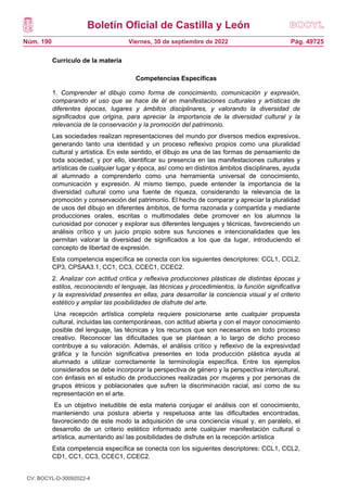 Boletín Oficial de Castilla y León
Núm. 190 Pág. 49725
Viernes, 30 de septiembre de 2022
Currículo de la materia
Competencias Específicas
1. Comprender el dibujo como forma de conocimiento, comunicación y expresión,
comparando el uso que se hace de él en manifestaciones culturales y artísticas de
diferentes épocas, lugares y ámbitos disciplinares, y valorando la diversidad de
significados que origina, para apreciar la importancia de la diversidad cultural y la
relevancia de la conservación y la promoción del patrimonio.
Las sociedades realizan representaciones del mundo por diversos medios expresivos,
generando tanto una identidad y un proceso reflexivo propios como una pluralidad
cultural y artística. En este sentido, el dibujo es una de las formas de pensamiento de
toda sociedad, y por ello, identificar su presencia en las manifestaciones culturales y
artísticas de cualquier lugar y época, así como en distintos ámbitos disciplinares, ayuda
al alumnado a comprenderlo como una herramienta universal de conocimiento,
comunicación y expresión. Al mismo tiempo, puede entender la importancia de la
diversidad cultural como una fuente de riqueza, considerando la relevancia de la
promoción y conservación del patrimonio. El hecho de comparar y apreciar la pluralidad
de usos del dibujo en diferentes ámbitos, de forma razonada y compartida y mediante
producciones orales, escritas o multimodales debe promover en los alumnos la
curiosidad por conocer y explorar sus diferentes lenguajes y técnicas, favoreciendo un
análisis crítico y un juicio propio sobre sus funciones e intencionalidades que les
permitan valorar la diversidad de significados a los que da lugar, introduciendo el
concepto de libertad de expresión.
Esta competencia específica se conecta con los siguientes descriptores: CCL1, CCL2,
CP3, CPSAA3.1, CC1, CC3, CCEC1, CCEC2.
2. Analizar con actitud crítica y reflexiva producciones plásticas de distintas épocas y
estilos, reconociendo el lenguaje, las técnicas y procedimientos, la función significativa
y la expresividad presentes en ellas, para desarrollar la conciencia visual y el criterio
estético y ampliar las posibilidades de disfrute del arte.
Una recepción artística completa requiere posicionarse ante cualquier propuesta
cultural, incluidas las contemporáneas, con actitud abierta y con el mayor conocimiento
posible del lenguaje, las técnicas y los recursos que son necesarios en todo proceso
creativo. Reconocer las dificultades que se plantean a lo largo de dicho proceso
contribuye a su valoración. Además, el análisis crítico y reflexivo de la expresividad
gráfica y la función significativa presentes en toda producción plástica ayuda al
alumnado a utilizar correctamente la terminología específica. Entre los ejemplos
considerados se debe incorporar la perspectiva de género y la perspectiva intercultural,
con énfasis en el estudio de producciones realizadas por mujeres y por personas de
grupos étnicos y poblacionales que sufren la discriminación racial, así como de su
representación en el arte.
Es un objetivo ineludible de esta materia conjugar el análisis con el conocimiento,
manteniendo una postura abierta y respetuosa ante las dificultades encontradas,
favoreciendo de este modo la adquisición de una conciencia visual y, en paralelo, el
desarrollo de un criterio estético informado ante cualquier manifestación cultural o
artística, aumentando así las posibilidades de disfrute en la recepción artística
Esta competencia específica se conecta con los siguientes descriptores: CCL1, CCL2,
CD1, CC1, CC3, CCEC1, CCEC2.
CV: BOCYL-D-30092022-4
 
