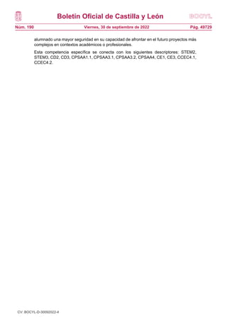Boletín Oficial de Castilla y León
Núm. 190 Pág. 49729
Viernes, 30 de septiembre de 2022
alumnado una mayor seguridad en su capacidad de afrontar en el futuro proyectos más
complejos en contextos académicos o profesionales.
Esta competencia específica se conecta con los siguientes descriptores: STEM2,
STEM3, CD2, CD3, CPSAA1.1, CPSAA3.1, CPSAA3.2, CPSAA4, CE1, CE3, CCEC4.1,
CCEC4.2.
CV: BOCYL-D-30092022-4
 
