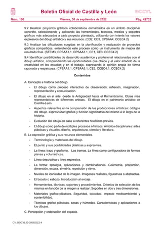 Boletín Oficial de Castilla y León
Núm. 190 Pág. 49732
Viernes, 30 de septiembre de 2022
9.2 Realizar proyectos gráficos colaborativos enmarcados en un ámbito disciplinar
concreto, seleccionando y aplicando las herramientas, técnicas, medios y soportes
gráficos más adecuados a cada proyecto planteado, utilizando con interés los valores
expresivos del dibujo artístico y sus recursos. (CD2, CD3, CPSAA4, CCEC4.2)
9.3 Analizar las dificultades surgidas en la planificación y realización de proyectos
gráficos compartidos, entendiendo este proceso como un instrumento de mejora del
resultado final. (STEM3, CPSAA1.1, CPSAA3.1, CE1, CE3, CCEC4.2)
9.4 Identificar posibilidades de desarrollo académico y profesional relacionadas con el
dibujo artístico, comprendiendo las oportunidades que ofrece y el valor añadido de la
creatividad en los estudios y en el trabajo, expresando la opinión propia de forma
razonada y respetuosa. (CPSAA1.1, CPSAA3.1, CE3, CCEC4.1, CCEC4.2)
Contenidos
A. Concepto e historia del dibujo.
- El dibujo como proceso interactivo de observación, reflexión, imaginación,
representación y comunicación.
- El dibujo en el arte: desde la Antigüedad hasta el Romanticismo. Obras más
representativas de diferentes artistas. El dibujo en el patrimonio artístico de
Castilla-León.
- Aspectos relevantes en la comprensión de las producciones artísticas: códigos
del dibujo, expresividad gráfica y función significativa del mismo a lo largo de la
historia.
- Evolución del dibujo en base a referentes históricos previos.
- El dibujo como parte de múltiples procesos artísticos. Ámbitos disciplinares: artes
plásticas y visuales, diseño, arquitectura, ciencia y literatura.
B. La expresión gráfica y sus recursos elementales.
- Terminología y materiales del dibujo.
- El punto y sus posibilidades plásticas y expresivas.
- La línea: trazo y grafismo. Las tramas. La línea como configuradora de formas
planas y volumétricas.
- Línea descriptiva y línea expresiva.
- La forma: tipología, aplicaciones y combinaciones. Geometría, proporción,
dimensión, escala, simetría, repetición y ritmo.
- Niveles de iconicidad de la imagen. Imágenes realistas, figurativas o abstractas.
- El boceto o esbozo. Introducción al encaje.
- Herramientas, técnicas, soportes y procedimientos. Criterios de selección de los
mismos en función de la imagen a realizar. Soportes en dos y tres dimensiones.
- Materiales gráfico-plásticos. Seguridad, toxicidad, impacto medioambiental y
sostenibilidad.
- Técnicas gráfico-plásticas, secas y húmedas. Características y aplicaciones a
los dibujos.
C. Percepción y ordenación del espacio.
CV: BOCYL-D-30092022-4
 