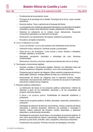 Boletín Oficial de Castilla y León
Núm. 190 Pág. 49733
Viernes, 30 de septiembre de 2022
- Fundamentos de la percepción visual.
- Principios de la psicología de la Gestalt. Psicología de la forma. Leyes visuales
asociativas.
- Ilusiones ópticas. Tipos y aplicaciones al lenguaje del dibujo.
- Lacomposicióncomométodo deorganizacióndelespacioysuselementos.Elequilibrio
compositivo y el peso visual. Direcciones visuales y aplicaciones a los dibujos.
- Sistemas de ordenación en la sintaxis visual. Aplicaciones. Esquemas
compositivos aplicables a la realización de dibujos.
- Introducción a la representación del espacio mediante la perspectiva.
- Encuadre y encajado compositivo.
D. La luz, el claroscuro y el color.
- La luz y el volumen. La luz y las sombras como definidoras de las formas.
- Valoración tonal y claroscuro. Sombras propias y proyectadas.
- Tipos de luz y de iluminación. Luces suaves o duras; directas o rebotadas;
frontales, laterales y contraluces.
- Naturaleza, percepción, psicología y simbología del color. Nociones
fundamentales.
- Monocromía, bicromía y tricromía. Aplicaciones básicas del color en el dibujo.
E. Tecnologías y herramientas digitales.
- Soportes virtuales y herramientas digitales. Relación con diferentes áreas del
diseño, arquitectura, fotografía, animación, cine o arte contemporáneo.
- Programas para la creación de imágenes. Dibujo vectorial y programas de pintura y
dibujo digital. Definición, ventajas gráficas de cada uno y nociones de uso.
- Herramientas de edición de imágenes para la expresión artística. Imagen
rasterizada o de mapa de bits. Definición y nociones de uso para la modificación
estructural y estética de las imágenes.
F. Proyectos gráficos colaborativos
- La distribución de tareas en los proyectos gráficos colaborativos: criterios de
selección a partir de las habilidades requeridas y de las necesidades del
proyecto. Nociones básicas.
- El dibujo y los proyectos gráficos. Posibilidades de desarrollo académico y
profesional.
- Fases de los proyectos gráficos. Análisis, abocetado, desarrollo, presentación y
evaluación.
- Estrategias de selección de técnicas, herramientas, medios y soportes del dibujo
adecuados a distintas disciplinas. Definición del problema o necesidad a
resolver, público potencial del proyecto, medios disponibles, y destrezas
adquiridas y condicionantes temporales.
- Estrategias de evaluación de las fases y los resultados de proyectos gráficos. El
error como oportunidad de mejora y aprendizaje. Simplicidad e impacto visual,
jerarquía y punto focal, contraste, color y tipografía y estructura compositiva.
- Presentación de proyectos. Primeras nociones de estrategias y formatos.
CV: BOCYL-D-30092022-4
 