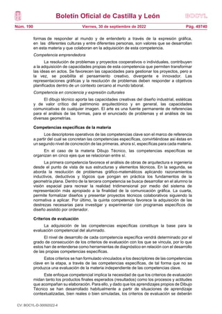 Boletín Oficial de Castilla y León
Núm. 190 Pág. 49740
Viernes, 30 de septiembre de 2022
formas de responder al mundo y de entenderlo a través de la expresión gráfica,
en las diferentes culturas y entre diferentes personas, son valores que se desarrollan
en esta materia y que colaboran en la adquisición de esta competencia.
Competencia emprendedora
La resolución de problemas y proyectos cooperativos o individuales, contribuyen
a la adquisición de capacidades propias de esta competencia que permiten transformar
las ideas en actos. Se favorecen las capacidades para gestionar los proyectos, pero a
la vez, se posibilita el pensamiento creativo, divergente e innovador. Las
representaciones gráficas y la resolución de problemas deben responder a objetivos
planificados dentro de un contexto cercano al mundo laboral.
Competencia en conciencia y expresión culturales
El dibujo técnico aporta las capacidades creativas del diseño industrial, estéticas
y de valor crítico del patrimonio arquitectónico y en general, las capacidades
comunicativas de cualquier imagen. El arte es una fuente permanente de referencias
para el análisis de las formas, para el enunciado de problemas y el análisis de las
diversas geometrías.
Competencias específicas de la materia
Los descriptores operativos de las competencias clave son el marco de referencia
a partir del cual se concretan las competencias específicas, convirtiéndose así éstas en
un segundo nivel de concreción de las primeras, ahora sí, específicas para cada materia.
En el caso de la materia Dibujo Técnico, las competencias específicas se
organizan en cinco ejes que se relacionan entre sí.
La primera competencia favorece el análisis de obras de arquitectura e ingeniería
desde el punto de vista de sus estructuras y elementos técnicos. En la segunda, se
aborda la resolución de problemas gráfico-matemáticos aplicando razonamientos
inductivos, deductivos y lógicos que pongan en práctica los fundamentos de la
geometría plana. Dentro de la tercera competencia se busca desarrollar en el alumno la
visión espacial para recrear la realidad tridimensional por medio del sistema de
representación más apropiado a la finalidad de la comunicación gráfica. La cuarta,
permite formalizar diseños y presentar proyectos técnicos colaborativos siguiendo la
normativa a aplicar. Por último, la quinta competencia favorece la adquisición de las
destrezas necesarias para investigar y experimentar con programas específicos de
diseño asistido por ordenador.
Criterios de evaluación
La adquisición de las competencias específicas constituye la base para la
evaluación competencial del alumnado.
El nivel de desarrollo de cada competencia específica vendrá determinado por el
grado de consecución de los criterios de evaluación con los que se vincula, por lo que
estos han de entenderse como herramientas de diagnóstico en relación con el desarrollo
de las propias competencias específicas.
Estos criterios se han formulado vinculados a los descriptores de las competencias
clave en la etapa, a través de las competencias específicas, de tal forma que no se
produzca una evaluación de la materia independiente de las competencias clave.
Este enfoque competencial implica la necesidad de que los criterios de evaluación
midan tanto los productos finales esperados (resultados) como los procesos y actitudes
que acompañan su elaboración. Para ello, y dado que los aprendizajes propios de Dibujo
Técnico se han desarrollado habitualmente a partir de situaciones de aprendizaje
contextualizadas, bien reales o bien simuladas, los criterios de evaluación se deberán
CV: BOCYL-D-30092022-4
 