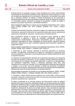 Boletín Oficial de Castilla y León
Núm. 190 Pág. 49744
Viernes, 30 de septiembre de 2022
El dibujo técnico ha ocupado y ocupa un lugar importante en la cultura; esta disciplina
está presente en las obras de arquitectura y de ingeniería de todos los tiempos, no solo
por el papel que desempeña en su concepción y producción, sino también como parte
de su expresión artística. El análisis y estudio fundamental de las estructuras y
elementos geométricos de obras del pasado y presente, desde la perspectiva de género
y la diversidad cultural, contribuirá al proceso de apreciación y diseño de objetos y
espacios que posean rigor técnico y sensibilidad expresiva.
Esta competencia específica se conecta con los siguientes descriptores: CCL1, CCL2,
CCL3, STEM2, STEM4, CD1, CD3, CPSAA2, CPSAA4, CC1, CCEC1, CCEC2,
CCEC3.2.
2.Utilizar razonamientos inductivos, deductivos y lógicos en problemas de índole gráfico-
matemáticos, aplicando fundamentos de la geometría plana para resolver gráficamente
operaciones matemáticas, relaciones, construcciones y transformaciones.
Esta competencia aborda el estudio de la geometría plana aplicada al dibujo
arquitectónico e ingenieril a través de conceptos, propiedades, relaciones y
construcciones fundamentales. Proporciona herramientas para la resolución de
problemas matemáticos de cierta complejidad de manera gráfica, aplicando métodos
inductivos y deductivos con rigor y valorando aspectos como la precisión, claridad y el
trabajo bien hecho.
Esta competencia específica se conecta con los siguientes descriptores: CCL2, STEM1,
STEM2, STEM4, CD3, CPSAA1.1, CPSAA5, CE2, CCEC4.2.
3. Desarrollar la visión espacial, utilizando la geometría descriptiva en proyectos
sencillos, considerando la importancia del dibujo en arquitectura e ingenierías para
resolver problemas e interpretar y recrear gráficamente la realidad tridimensional sobre
la superficie del plano.
Los sistemas de representación derivados de la geometría descriptiva son necesarios
en todos los procesos constructivos, ya que cualquier proceso proyectual requiere el
conocimiento de los métodos que permitan determinar, a partir de su representación,
sus verdaderas magnitudes, formas y relaciones espaciales entre ellas. Esta
competencia se vincula, por una parte, con la capacidad para representar figuras planas
y cuerpos, y por la otra, con la de expresar y calcular las soluciones a problemas
geométricos en el espacio, aplicando para todo ello conocimientos técnicos específicos,
reflexionando sobre el proceso realizado y el resultado obtenido.
Esta competencia específica se conecta con los siguientes descriptores: STEM1, STEM2,
STEM3, STEM4, CPSAA1.1, CPSAA4, CPSAA5, CE2, CE3, CCEC2, CCEC4.2.
4. Formalizar y definir diseños técnicos aplicando las normas UNE e ISO de manera
apropiada, valorando la importancia que tiene el croquis para documentar gráficamente
proyectos arquitectónicos e ingenieriles.
El dibujo normalizado es el principal vehículo de comunicación entre los distintos
agentes del proceso constructivo, posibilitando desde una primera expresión de posibles
soluciones mediante bocetos y croquis hasta la formalización final por medio de planos
de taller y/o de construcción. También se contempla su relación con otros componentes
mediante la elaboración de planos de montaje sencillos. Esta competencia específica
está asociada a funciones instrumentales de análisis, expresión y comunicación. Por
otra parte, y para que esta comunicación sea efectiva, debe vincularse necesariamente
al conocimiento de unas normas y simbología establecidas, las normas UNE e ISO, e
iniciar al alumnado en el desarrollo de la documentación gráfica de proyectos técnicos.
CV: BOCYL-D-30092022-4
 