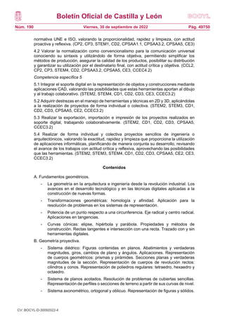 Boletín Oficial de Castilla y León
Núm. 190 Pág. 49750
Viernes, 30 de septiembre de 2022
normativa UNE e ISO, valorando la proporcionalidad, rapidez y limpieza, con actitud
proactiva y reflexiva. (CP2, CP3, STEM1, CD2, CPSAA1.1, CPSAA3.2, CPSAA5, CE3)
4.2 Valorar la normalización como convencionalismo para la comunicación universal
conociendo su sintaxis y utilizándolo de forma objetiva, permitiendo simplificar los
métodos de producción, asegurar la calidad de los productos, posibilitar su distribución
y garantizar su utilización por el destinatario final, con actitud crítica y objetiva. (CCL2,
CP2, CP3, STEM4, CD2, CPSAA3.2, CPSAA5, CE3, CCEC4.2)
Competencia específica 5
5.1 Integrar el soporte digital en la representación de objetos y construcciones mediante
aplicaciones CAD, valorando las posibilidades que estas herramientas aportan al dibujo
y al trabajo colaborativo. (STEM2, STEM4, CD1, CD2, CD3, CE3, CCEC3.2)
5.2 Adquirir destrezas en el manejo de herramientas y técnicas en 2D y 3D, aplicándolas
a la realización de proyectos de forma individual o colectiva. (STEM2, STEM3, CD1,
CD2, CD3, CPSAA5, CE2, CCEC3.2)
5.3 Realizar la exportación, importación e impresión de los proyectos realizados en
soporte digital, trabajando colaborativamente. (STEM2, CD1, CD2, CD3, CPSAA5,
CCEC3.2)
5.4 Realizar de forma individual y colectiva proyectos sencillos de ingeniería o
arquitectónicos, valorando la exactitud, rapidez y limpieza que proporciona la utilización
de aplicaciones informáticas, planificando de manera conjunta su desarrollo, revisando
el avance de los trabajos con actitud crítica y reflexiva, aprovechando las posibilidades
que las herramientas. (STEM2, STEM3, STEM4, CD1, CD2, CD3, CPSAA5, CE2, CE3,
CCEC3.2)
Contenidos
A. Fundamentos geométricos.
- La geometría en la arquitectura e ingeniería desde la revolución industrial. Los
avances en el desarrollo tecnológico y en las técnicas digitales aplicadas a la
construcción de nuevas formas.
- Transformaciones geométricas: homología y afinidad. Aplicación para la
resolución de problemas en los sistemas de representación.
- Potencia de un punto respecto a una circunferencia. Eje radical y centro radical.
Aplicaciones en tangencias.
- Curvas cónicas: elipse, hipérbola y parábola. Propiedades y métodos de
construcción. Rectas tangentes e intersección con una recta. Trazado con y sin
herramientas digitales.
B. Geometría proyectiva.
- Sistema diédrico: Figuras contenidas en planos. Abatimientos y verdaderas
magnitudes, giros, cambios de plano y ángulos. Aplicaciones. Representación
de cuerpos geométricos: prismas y pirámides. Secciones planas y verdaderas
magnitudes de la sección. Representación de cuerpos de revolución rectos:
cilindros y conos. Representación de poliedros regulares: tetraedro, hexaedro y
octaedro.
- Sistema de planos acotados. Resolución de problemas de cubiertas sencillas.
Representación de perfiles o secciones de terreno a partir de sus curvas de nivel.
- Sistema axonométrico, ortogonal y oblicuo. Representación de figuras y sólidos.
CV: BOCYL-D-30092022-4
 