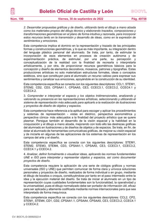 Boletín Oficial de Castilla y León
Núm. 190 Pág. 49758
Viernes, 30 de septiembre de 2022
2. Desarrollar propuestas gráficas y de diseño, utilizando tanto el dibujo a mano alzada
como los materiales propios del dibujo técnico y elaborando trazados, composiciones y
transformaciones geométricas en el plano de forma intuitiva y razonada, para incorporar
estos recursos tanto en la transmisión y desarrollo de ideas, como en la expresión de
sentimientos y emociones.
Esta competencia implica el dominio en la representación y trazado de las principales
formas y construcciones geométricas, y lo que es más importante, su integración dentro
del lenguaje plástico personal del alumnado. Se trata, por tanto, de estimular la
incorporación de esos elementos en procesos de creación autónoma y de
experimentación práctica, de estimular, por una parte, su percepción y
conceptualización de la realidad con la finalidad de recrearla o interpretarla
artísticamente, y por otra, de proporcionar recursos geométricos básicos para la
concepción y diseño de elementos decorativos, mosaicos, patrones y tipografías. Estas
producciones artísticas no solo materializan estructuras formales, ideas o conceptos
estéticos, sino que constituyen para el alumnado un recurso valioso para expresar sus
sentimientos y canalizar sus emociones, apoyándole en la construcción de su identidad.
Esta competencia específica se conecta con los siguientes descriptores: CCL1, STEM1,
STEM2, CD2, CD3, CPSAA1.1, CPSAA5, CE3, CCEC3.1, CCEC3.2, CCEC4.1 y
CCEC4.2.
3. Comprender e interpretar el espacio y los objetos tridimensionales, analizando y
valorando su presencia en las representaciones artísticas, seleccionando y utilizando el
sistema de representación más adecuado para aplicarlo a la realización de ilustraciones
y proyectos de diseño de objetos y espacios.
Esta competencia hace referencia a la aptitud para escoger y aplicar los procedimientos
y sistemas de representación - vistas en diédrico, perspectiva axonométrica y
perspectiva cónica- más adecuados a la finalidad del proyecto artístico que se quiere
plasmar. Persigue también el desarrollo de la visión espacial y la habilidad en la
croquización y el dibujo a mano alzada, mejorando con todo ello las destrezas gráficas
del alumnado en ilustraciones y de diseños de objetos y de espacios. Se trata, en fin, de
dotar al alumnado de herramientas comunicativas gráficas, de mejorar su visión espacial
y de iniciarle en algunas de las aplicaciones de los sistemas de representación en los
campos del arte y el diseño.
Esta competencia específica se conecta con los siguientes descriptores: STEM1,
STEM2, STEM3, STEM4, CD3, CPSAA1.1, CPSAA5, CE3, CCEC3.1, CCEC3.2,
CCEC4.1 y CCEC4.2.
4. Analizar, definir formalmente o visualizar ideas, aplicando las normas fundamentales
UNE e ISO para interpretar y representar objetos y espacios, así como documentar
proyectos de diseño.
Esta competencia requiere la aplicación de una serie de códigos gráficos y normas
universales (ISO y UNE) que permiten comunicar de forma clara y unívoca soluciones
personales y proyectos de diseño, realizados de forma individual o en grupo, mediante
el dibujo de bocetos o croquis, constituyéndose por tanto en el paso intermedio entre la
idea y la ejecución material del diseño. Se trata de iniciar al alumnado en un tipo de
representación cuyas cualidades fundamentales son la funcionalidad, la operatividad y
la universalidad, pues el dibujo normalizado debe ser portador de información útil, eficaz
para ser aplicada y altamente codificada mediante normas internacionales para que sea
interpretado de forma inequívoca.
Esta competencia específica se conecta con los siguientes descriptores: CCL2, CP2,
STEM1, STEM4, CD1, CD2, CPSAA1.1, CPSAA4, CPSAA5, CE3, CCEC3.2, CCEC4.1
y CCEC4.2.
CV: BOCYL-D-30092022-4
 