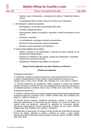 Boletín Oficial de Castilla y León
Núm. 190 Pág. 49763
Viernes, 30 de septiembre de 2022
- Sistema cónico: fundamentos y elementos del sistema. Perspectiva frontal y
oblicua.
- La perspectiva cónica, frontal y oblicua en el cómic y en la ilustración.
C. Normalización y diseño de proyectos
- Normalización. Las normas fundamentales UNE e ISO.
- Formatos. Plegado de planos.
- Documentación gráfica de proyectos: necesidad y ámbito de aplicación de las
normas.
- Rotulación y acotación.
- La normalización: simbología industrial y arquitectónica.
- Elección de vistas necesarias. Líneas normalizadas.
- Bocetos y croquis aplicando la normalización.
D. Herramientas digitales para el diseño.
- Interfaz, iniciación a las herramientas y técnicas de dibujo vectorial en 2D.
Aplicaciones al diseño gráfico.
- Iniciación al modelado en 3D. Ajustes, cuadros de configuración y entidades.
Aplicaciones a proyectos artísticos.
- Exportación e importación de modelos 3D. Impresión.
Dibujo Técnico Aplicado a las Artes Plásticas y al Diseño II
Criterios de evaluación
Competencia específica 1
1.1 Identificar y explicar la presencia de formas y relaciones geométricas en el arte, y
el diseño, comprendiendo el motivo, interés o intencionalidad con la que se han
utilizado. (CCL1, CCL2, CCL3, STEM2, CD1, CPSAA4, CC1, CC2, CCEC1, CCEC2)
1.2 Conocer referencias de arquitectura, diseño, escultura y pintura que exploren
cánones aritméticos y simbólicos entre otros estableciendo las relaciones entre estos y
las diferentes épocas y contextos. (CCL2, CCL3, STEM2, CD1, CC2, CCEC1, CCEC2)
Competencia específica 2
2.1 Diseñar y ejecutar patrones y mosaicos, aplicando las transformaciones geométricas
al diseño de patrones y mosaicos. (CCL1, STEM1, STEM2, CD2, CD3, CPSAA5, CE3,
CCEC3.1, CCEC3.2, CCEC4.1)
2.2 Diseñar formas creativas, empleando tangencias, enlaces y curvas cónicas,
indicando gráficamente la construcción auxiliar utilizada, los puntos de enlace y la
relación entre sus elementos, valorando su aplicación en numerosos diseños,
estructuras arquitectónicas, formas decorativas y objetos de uso común. (STEM1,
STEM2, CD2, CD3, CPSAA5, CE3, CCEC3.1, CCEC3.2)
2.3 Desarrollar la observación y el análisis a través del ejercicio sistemático de diversas
formas de registro, utilizando el esbozo, cuaderno de campo y diario gráfico,
estructurando toda la información de forma lógica, racional y creativa. (STEM1, STEM2,
CD2, CD3, CE3)
CV: BOCYL-D-30092022-4
 