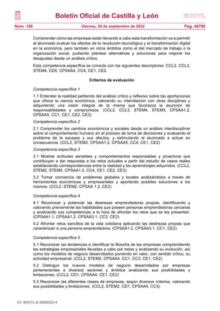 Boletín Oficial de Castilla y León
Núm. 190 Pág. 49798
Viernes, 30 de septiembre de 2022
Comprender cómo las empresas están llevando a cabo esta transformación va a permitir
al alumnado evaluar los efectos de la revolución tecnológica y la transformación digital
en la economía, pero también en otros ámbitos como el del mercado de trabajo o la
organización social, pudiendo plantear alternativas y soluciones para mejorar los
desajustes desde un análisis crítico.
Esta competencia específica se conecta con los siguientes descriptores: CCL2, CCL3,
STEM4, CD5, CPSAA4, CC4, CE1, CE2.
Criterios de evaluación
Competencia específica 1
1.1 Entender la realidad partiendo del análisis crítico y reflexivo sobre las aportaciones
que ofrece la ciencia económica, valorando su interrelación con otras disciplinas y
adquiriendo una visión integral de la misma que favorezca la asunción de
responsabilidades y compromisos. (CCL2, CCL3, STEM4, STEM5, CPSAA1.2,
CPSAA5, CC1, CE1, CE2, CE3)
Competencia específica 2
2.1 Comprender los cambios económicos y sociales desde un análisis interdisciplinar
sobre el comportamiento humano en el proceso de toma de decisiones y evaluando el
problema de la escasez y sus efectos, y estimulando al alumnado a actuar en
consecuencia. (CCL2, STEM2, CPSAA1.2, CPSAA5, CC4, CE1, CE2)
Competencia específica 3
3.1 Mostrar actitudes sensibles y comportamientos responsables y proactivos que
contribuyan a dar respuesta a los retos actuales a partir del estudio de casos reales
estableciendo correspondencias entre la realidad y los aprendizajes adquiridos. (CCL2,
STEM2, STEM5, CPSAA1.2, CC4, CE1, CE2, CE3)
3.2 Tomar conciencia de problemas globales y locales analizándolos a través de
herramientas económicas y empresariales y aportando posibles soluciones a los
mismos. (CCL2, STEM2, CPSAA 1.2, CE2)
Competencia específica 4
4.1 Reconocer y potenciar las destrezas emprendedoras propias, identificando y
valorando previamente las habilidades que poseen personas emprendedoras cercanas
y analizando sus competencias a la hora de afrontar los retos que se les presentan.
(CPSAA1.1, CPSAA1.2, CPSAA3.1, CC3, CE2)
4.2 Afrontar retos sencillos de la vida cotidiana aplicando las destrezas propias que
caracterizan a una persona emprendedora. (CPSAA1.2, CPSAA3.1, CC1, CE2)
Competencia específica 5
5.1 Reconocer las tendencias e identificar la filosofía de las empresas comprendiendo
las estrategias empresariales llevadas a cabo por estas y analizando su evolución, así
como los modelos de negocio desarrollados poniendo en valor, con sentido crítico, su
actividad empresarial. (CCL2, STEM2, CPSAA4, CC1, CC3, CE1, CE2)
5.2 Distinguir los nuevos modelos de negocio desarrollados por empresas
pertenecientes a diversos sectores y ámbitos analizando sus posibilidades y
limitaciones. (CCL2, CD1, CPSAA4, CE1, CE2)
5.3 Reconocer las diferentes clases de empresas, según diversos criterios, valorando
sus posibilidades y limitaciones. (CCL2, STEM2, CD1, CPSAA4, CC3)
CV: BOCYL-D-30092022-4
 