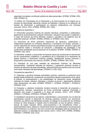 Boletín Oficial de Castilla y León
Núm. 190 Pág. 49811
Viernes, 30 de septiembre de 2022
seguridad vinculadas a la difusión pública de datos personales. (STEM2, STEM4, CD3,
CD4, CPSAA1.2)
1.9 Utilizar las Tecnologías de la Información y la Comunicación en la mejora de su
proceso de aprendizaje, aplicando criterios de fiabilidad y eficacia en la utilización de
fuentes de información y participación en entornos colaborativos con intereses
comunes. (CCL2, CCL3, STEM2, STEM4, CD1, CD2)
Competencia específica 2
2.1 Desarrollar proyectos motores de carácter individual, cooperativo o colaborativo,
gestionando autónomamente cualquier imprevisto o situación que pueda ir surgiendo a
lo largo del proceso de forma eficiente, creativa y ajustada a los objetivos que se
pretendan alcanzar. (STEM1, STEM2, CPSAA1.2, CPSAA4, CE2, CE3)
2.2 Solucionar de forma autónoma situaciones de oposición, colaboración o
colaboración-oposición en contextos deportivos o recreativos con fluidez, precisión y
control, aplicando de manera automática procesos de percepción, decisión y ejecución
en contextos reales o simulados de actuación y adaptando las estrategias a las
condiciones cambiantes que se producen en la práctica. (STEM1, STEM2, CPSAA1.2,
CPSAA4, CE2, CE3)
2.3 Identificar, analizar y comprender los factores clave que condicionan la intervención
de los componentes cualitativos y cuantitativos de la motricidad en la realización de
gestos técnicos o situaciones motrices variadas, identificando errores comunes y
proponiendo soluciones a los mismos. (STEM1, STEM2, CPSAA4, CE2, CE3)
2.4 Participar en una gran variedad de situaciones motrices, de diferentes
características, mostrando actitudes de esfuerzo y superación personal durante el
proceso de ejecución de esas actividades, valorando tanto los aciertos como los errores
como parte necesaria del aprendizaje. (CPSAA1.2, CE2, CE3)
Competencia específica 3
3.1 Organizar y practicar diversas actividades motrices, valorando su potencial como
posible salida profesional y analizando sus beneficios desde la perspectiva de la salud,
el disfrute, la autosuperación y las posibilidades de interacción social, adoptando
actitudes de interés, esfuerzo, liderazgo y empatía al asumir y desempeñar distintos
roles relacionados con ellas. (STEM3, CPSAA1.1, CPSAA2, CPSAA3.1, CPSAA3.2,
CPSAA5, CC2)
3.2 Cooperar y colaborar mostrando iniciativa durante el desarrollo de proyectos y
producciones motrices, solventando de forma coordinada cualquier imprevisto o
situación que pueda ir surgiendo a lo largo del proceso. (CCL1, CP3, STEM3,
CPSAA1.1, CPSAA2, CPSAA3.2, CPSAA5, CC2)
3.3 Establecer mecanismos de relación, entendimiento y comunicación con el resto de
participantes durante el desarrollo de diversas prácticas motrices con autonomía,
haciendo uso efectivo de habilidades sociales, de diálogo en la resolución de conflictos
(incluso en otras lenguas) y respeto ante la diversidad, ya sea de género, afectivo-
sexual, de origen nacional, étnico, socio-económica o de competencia motriz, y
posicionándose activa, reflexiva y críticamente frente a los estereotipos, las actuaciones
discriminatorias y la violencia, así como conocer las estrategias para la prevención, la
detección precoz y el abordaje de las mismas. (CCL1, CCL5, CP3, STEM3, CPSAA2,
CPSAA3.1, CPSAA5, CC2, CC3)
CV: BOCYL-D-30092022-4
 