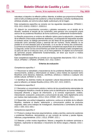 Boletín Oficial de Castilla y León
Núm. 190 Pág. 49836
Viernes, 30 de septiembre de 2022
naturaleza, el deporte o la reflexión política. Además, el análisis que proporciona la filosofía
sobre el arte y la belleza permite cuestionar y criticar las distintas y variadas manifestaciones
artísticas actuales, así como la cultura digital, audiovisual y de la imagen.
Esta competencia específica se conecta con los siguientes descriptores: CPSAA3.1,
CC2, CC3, CCEC2, CCEC3.1, CCEC3.2.
10. Adquirir los conocimientos concretos y globales necesarios, en el ámbito de la
filosofía, mediante el estudio de los contenidos, para generar una concepción propia
acerca de los problemas filosóficos de forma autónoma y sólidamente fundamentados.
La filosofía proporciona un entorno de reflexión óptimo para la adquisición y desarrollo
de la reflexión crítica sobre problemas abstractos, y la búsqueda de respuestas acordes
al contexto actual, en diálogo permanente con las ideas de los pensadores que la han
construido como actividad propia y esencial del ser humano. Dicha reflexión no es
posible en el nivel deseado para el alumnado, si no se dan al menos dos condiciones.
La primera es la adquisición de las precedentes competencias específicas de la materia.
La segunda, contar con los conocimientos que doten de contenido a tales competencias,
so pena de caer en el discurso vacío, en la mera palabrería. El objetivo es la formación
de opiniones propias sólidamente fundamentadas, sin tener que recurrir a medios
digitales reiteradamente.
Esta competencia específica se conecta con los siguientes descriptores: CCL1, CCL3,
CCL4, CPSAA3.1, CPSAA4, CPSAA5, CC1, CC2, CCEC1.
Criterios de evaluación
Competencia específica 1
1.1 Reconocer la radicalidad y trascendencia de los problemas filosóficos mediante su
reconocimiento, análisis y reformulación en textos y otros medios de expresión tanto
filosóficos como literarios, históricos, científicos, artísticos o relativos a cualquier otro
ámbito cultural. (CPSAA1.2, CC3).
1.2 Identificar los distintos medios de expresión cultural descubriendo en ellos temas
para la reflexión y el debate filosófico (CCL2, CP2, CC1, CC3, CCEC1).
Competencia específica 2
2.1 Demostrar un conocimiento práctico y teórico de los procedimientos elementales de
la investigación filosófica a través de tareas como la identificación de fuentes fiables, la
búsqueda eficiente y segura de información, y la correcta organización, análisis,
interpretación, evaluación, producción y comunicación de esta, tanto digitalmente como
por medios más tradicionales. (CCL2, CCL3, STEM1, CD1, CPSAA4, CC3.)
2.2 Desarrollar una actitud indagadora, autónoma y activa en el ámbito de la reflexión
filosófica, mediante el diseño, elaboración y comunicación pública de productos
originales, tales como trabajos de investigación, disertaciones o comentarios de texto.
(CCL1, CD3, CC3, CE3.)
Competencia específica 3
3.1 Producir y evaluar discursos argumentativos, orales y escritos, acerca de cuestiones
y problemas filosóficos, demostrando un uso correcto de normas y pautas lógicas,
retóricas y argumentativas. (CCL1, CCL2, STEM1, CC3. )
3.2 Detectar y evitar modos dogmáticos, falaces y sesgados de sostener opiniones e
hipótesis, explicando la naturaleza o mecanismo de dichos sesgos y falacias. (CCL1,
CCL5)
CV: BOCYL-D-30092022-4
 