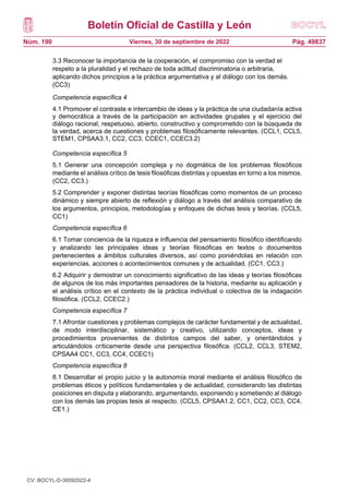 Boletín Oficial de Castilla y León
Núm. 190 Pág. 49837
Viernes, 30 de septiembre de 2022
3.3 Reconocer la importancia de la cooperación, el compromiso con la verdad el
respeto a la pluralidad y el rechazo de toda actitud discriminatoria o arbitraria,
aplicando dichos principios a la práctica argumentativa y al diálogo con los demás.
(CC3)
Competencia específica 4
4.1 Promover el contraste e intercambio de ideas y la práctica de una ciudadanía activa
y democrática a través de la participación en actividades grupales y el ejercicio del
diálogo racional, respetuoso, abierto, constructivo y comprometido con la búsqueda de
la verdad, acerca de cuestiones y problemas filosóficamente relevantes. (CCL1, CCL5,
STEM1, CPSAA3.1, CC2, CC3, CCEC1, CCEC3.2)
Competencia específica 5
5.1 Generar una concepción compleja y no dogmática de los problemas filosóficos
mediante el análisis crítico de tesis filosóficas distintas y opuestas en torno a los mismos.
(CC2, CC3.)
5.2 Comprender y exponer distintas teorías filosóficas como momentos de un proceso
dinámico y siempre abierto de reflexión y diálogo a través del análisis comparativo de
los argumentos, principios, metodologías y enfoques de dichas tesis y teorías. (CCL5,
CC1)
Competencia específica 6
6.1 Tomar conciencia de la riqueza e influencia del pensamiento filosófico identificando
y analizando las principales ideas y teorías filosóficas en textos o documentos
pertenecientes a ámbitos culturales diversos, así como poniéndolas en relación con
experiencias, acciones o acontecimientos comunes y de actualidad. (CC1, CC3.)
6.2 Adquirir y demostrar un conocimiento significativo de las ideas y teorías filosóficas
de algunos de los más importantes pensadores de la historia, mediante su aplicación y
el análisis crítico en el contexto de la práctica individual o colectiva de la indagación
filosófica. (CCL2, CCEC2.)
Competencia específica 7
7.1 Afrontar cuestiones y problemas complejos de carácter fundamental y de actualidad,
de modo interdisciplinar, sistemático y creativo, utilizando conceptos, ideas y
procedimientos provenientes de distintos campos del saber, y orientándolos y
articulándolos críticamente desde una perspectiva filosófica. (CCL2, CCL3, STEM2,
CPSAA4 CC1, CC3, CC4, CCEC1)
Competencia específica 8
8.1 Desarrollar el propio juicio y la autonomía moral mediante el análisis filosófico de
problemas éticos y políticos fundamentales y de actualidad, considerando las distintas
posiciones en disputa y elaborando, argumentando, exponiendo y sometiendo al diálogo
con los demás las propias tesis al respecto. (CCL5, CPSAA1.2, CC1, CC2, CC3, CC4,
CE1.)
CV: BOCYL-D-30092022-4
 