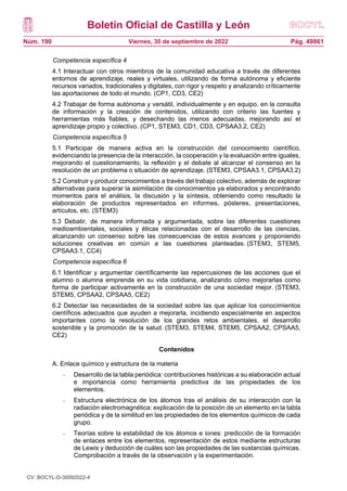 Boletín Oficial de Castilla y León
Núm. 190 Pág. 49861
Viernes, 30 de septiembre de 2022
Competencia específica 4
4.1 Interactuar con otros miembros de la comunidad educativa a través de diferentes
entornos de aprendizaje, reales y virtuales, utilizando de forma autónoma y eficiente
recursos variados, tradicionales y digitales, con rigor y respeto y analizando críticamente
las aportaciones de todo el mundo. (CP1, CD3, CE2)
4.2 Trabajar de forma autónoma y versátil, individualmente y en equipo, en la consulta
de información y la creación de contenidos, utilizando con criterio las fuentes y
herramientas más fiables, y desechando las menos adecuadas, mejorando así el
aprendizaje propio y colectivo. (CP1, STEM3, CD1, CD3, CPSAA3.2, CE2)
Competencia específica 5
5.1 Participar de manera activa en la construcción del conocimiento científico,
evidenciando la presencia de la interacción, la cooperación y la evaluación entre iguales,
mejorando el cuestionamiento, la reflexión y el debate al alcanzar el consenso en la
resolución de un problema o situación de aprendizaje. (STEM3, CPSAA3.1, CPSAA3.2)
5.2 Construir y producir conocimientos a través del trabajo colectivo, además de explorar
alternativas para superar la asimilación de conocimientos ya elaborados y encontrando
momentos para el análisis, la discusión y la síntesis, obteniendo como resultado la
elaboración de productos representados en informes, pósteres, presentaciones,
artículos, etc. (STEM3)
5.3 Debatir, de manera informada y argumentada, sobre las diferentes cuestiones
medioambientales, sociales y éticas relacionadas con el desarrollo de las ciencias,
alcanzando un consenso sobre las consecuencias de estos avances y proponiendo
soluciones creativas en común a las cuestiones planteadas. (STEM3, STEM5,
CPSAA3.1, CC4)
Competencia específica 6
6.1 Identificar y argumentar científicamente las repercusiones de las acciones que el
alumno o alumna emprende en su vida cotidiana, analizando cómo mejorarlas como
forma de participar activamente en la construcción de una sociedad mejor. (STEM3,
STEM5, CPSAA2, CPSAA5, CE2)
6.2 Detectar las necesidades de la sociedad sobre las que aplicar los conocimientos
científicos adecuados que ayuden a mejorarla, incidiendo especialmente en aspectos
importantes como la resolución de los grandes retos ambientales, el desarrollo
sostenible y la promoción de la salud. (STEM3, STEM4, STEM5, CPSAA2, CPSAA5,
CE2)
Contenidos
A. Enlace químico y estructura de la materia
- Desarrollo de la tabla periódica: contribuciones históricas a su elaboración actual
e importancia como herramienta predictiva de las propiedades de los
elementos.
- Estructura electrónica de los átomos tras el análisis de su interacción con la
radiación electromagnética: explicación de la posición de un elemento en la tabla
periódica y de la similitud en las propiedades de los elementos químicos de cada
grupo.
- Teorías sobre la estabilidad de los átomos e iones: predicción de la formación
de enlaces entre los elementos, representación de estos mediante estructuras
de Lewis y deducción de cuáles son las propiedades de las sustancias químicas.
Comprobación a través de la observación y la experimentación.
CV: BOCYL-D-30092022-4
 