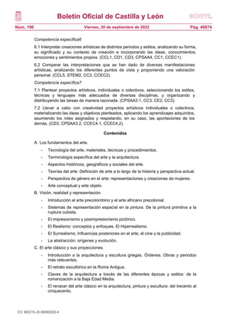 Boletín Oficial de Castilla y León
Núm. 190 Pág. 49874
Viernes, 30 de septiembre de 2022
Competencia específica6
6.1 Interpretar creaciones artísticas de distintos periodos y estilos, analizando su forma,
su significado y su contexto de creación e incorporando las ideas, conocimientos,
emociones y sentimientos propios. (CCL1, CD1, CD3, CPSAA4, CC1, CCEC1).
6.2 Comparar las interpretaciones que se han dado de diversas manifestaciones
artísticas, analizando los diferentes puntos de vista y proponiendo una valoración
personal. (CCL5, STEM2, CC3, CCEC2).
Competencia específica7
7.1 Plantear proyectos artísticos, individuales o colectivos, seleccionando los estilos,
técnicas y lenguajes más adecuados de diversas disciplinas, y organizando y
distribuyendo las tareas de manera razonada. (CPSAA3.1, CC3, CE2, CC3).
7.2 Llevar a cabo con creatividad proyectos artísticos individuales o colectivos,
materializando las ideas y objetivos planteados, aplicando los aprendizajes adquiridos,
asumiendo los roles asignados y respetando, en su caso, las aportaciones de los
demás. (CD3, CPSAA3.2, CCEC4.1, CCEC4.2).
Contenidos
A. Los fundamentos del arte.
- Tecnología del arte, materiales, técnicas y procedimientos.
- Terminología específica del arte y la arquitectura.
- Aspectos históricos, geográficos y sociales del arte.
- Teorías del arte. Definición de arte a lo largo de la historia y perspectiva actual.
- Perspectiva de género en el arte: representaciones y creaciones de mujeres.
- Arte conceptual y arte objeto.
B. Visión, realidad y representación.
- Introducción al arte precolombino y el arte africano precolonial.
- Sistemas de representación espacial en la pintura. De la pintura primitiva a la
ruptura cubista.
- El impresionismo y posimpresionismo pictórico.
- El Realismo: conceptos y enfoques. El Hiperrealismo.
- El Surrealismo. Influencias posteriores en el arte, el cine y la publicidad.
- La abstracción: orígenes y evolución.
C. El arte clásico y sus proyecciones.
- Introducción a la arquitectura y escultura griegas. Órdenes. Obras y periodos
más relevantes.
- El retrato escultórico en la Roma Antigua.
- Claves de la arquitectura a través de las diferentes épocas y estilos: de la
romanización a la Baja Edad Media.
- El renacer del arte clásico en la arquitectura, pintura y escultura: del trecento al
cinquecento.
CV: BOCYL-D-30092022-4
 