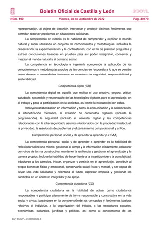 Boletín Oficial de Castilla y León
Núm. 190 Pág. 49579
Viernes, 30 de septiembre de 2022
representación, al objeto de describir, interpretar y predecir distintos fenómenos que
permitan resolver problemas en situaciones cotidianas.
La competencia en ciencia es la habilidad de comprender y explicar el mundo
natural y social utilizando un conjunto de conocimientos y metodologías, incluidas la
observación, la experimentación y la contrastación, con el fin de plantear preguntas y
extraer conclusiones basadas en pruebas para así poder interpretar, conservar y
mejorar el mundo natural y el contexto social.
La competencia en tecnología e ingeniería comprende la aplicación de los
conocimientos y metodologías propios de las ciencias en respuesta a lo que se percibe
como deseos o necesidades humanos en un marco de seguridad, responsabilidad y
sostenibilidad.
Competencia digital (CD)
La competencia digital es aquella que implica el uso creativo, seguro, crítico,
saludable, sostenible y responsable de las tecnologías digitales para el aprendizaje, en
el trabajo y para la participación en la sociedad, así como la interacción con estas.
Incluye la alfabetización en información y datos, la comunicación y la colaboración,
la alfabetización mediática, la creación de contenidos digitales (incluida la
programación), la seguridad (incluido el bienestar digital y las competencias
relacionadas con la ciberseguridad), asuntos relacionados con la propiedad intelectual,
la privacidad, la resolución de problemas y el pensamiento computacional y crítico.
Competencia personal, social y de aprender a aprender (CPSAA)
La competencia personal, social y de aprender a aprender es la habilidad de
reflexionar sobre uno mismo, gestionar el tiempo y la información eficazmente, colaborar
con otros de forma constructiva, mantener la resiliencia y gestionar el aprendizaje y la
carrera propios. Incluye la habilidad de hacer frente a la incertidumbre y la complejidad,
adaptarse a los cambios, iniciar, organizar y persistir en el aprendizaje, contribuir al
propio bienestar físico y emocional, conservar la salud física y mental, y ser capaz de
llevar una vida saludable y orientada al futuro, expresar empatía y gestionar los
conflictos en un contexto integrador y de apoyo.
Competencia ciudadana (CC)
La competencia ciudadana es la habilidad de actuar como ciudadanos
responsables y participar plenamente de forma responsable y constructiva en la vida
social y cívica, basándose en la comprensión de los conceptos y fenómenos básicos
relativos al individuo, a la organización del trabajo, a las estructuras sociales,
económicas, culturales, jurídicas y políticas, así como al conocimiento de los
CV: BOCYL-D-30092022-4
 