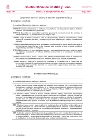 Boletín Oficial de Castilla y León
Núm. 190 Pág. 49583
Viernes, 30 de septiembre de 2022
Competencia personal, social y de aprender a aprender (CPSAA)
Descriptores operativos:
Competencia ciudadana (CC)
Descriptores operativos:
Al completar el Bachillerato, el alumno o la alumna…
CPSAA1.1 Fortalece el optimismo, la resiliencia, la autoeficacia y la búsqueda de objetivos de forma
autónoma para hacer eficaz su aprendizaje.
CPSAA1.2 Desarrolla una personalidad autónoma, gestionando constructivamente los cambios, la
participación social y su propia actividad para dirigir su vida.
CPSAA2. Adopta de forma autónoma un estilo de vida sostenible y atiende al bienestar físico y mental
propio y de los demás, buscando y ofreciendo apoyo en la sociedad para construir un mundo más
saludable.
CPSAA3.1 Muestra sensibilidad hacia las emociones y experiencias de los demás, siendo consciente de
la influencia que ejerce el grupo en las personas, para consolidar una personalidad empática e
independiente y desarrollar su inteligencia.
CPSAA3.2 Distribuye en un grupo las tareas, recursos y responsabilidades de manera ecuánime, según
sus objetivos, favoreciendo un enfoque sistémico para contribuir a la consecución de objetivos
compartidos.
CPSAA4. Compara, analiza, evalúa y sintetiza datos, información e ideas de los medios de comunicación,
para obtener conclusiones lógicas de forma autónoma, valorando la fiabilidad de las fuentes.
CPSAA5. Planifica a largo plazo evaluando los propósitos y los procesos de la construcción del
conocimiento, relacionando los diferentes campos del mismo para desarrollar procesos autorregulados
de aprendizaje que le permitan transmitir ese conocimiento, proponer ideas creativas y resolver
problemas con autonomía.
Al completar el Bachillerato, el alumno o la alumna…
CC1. Analiza hechos, normas e ideas relativas a la dimensión social, histórica, cívica y moral de su propia
identidad, para contribuir a la consolidación de su madurez personal y social, adquirir una conciencia
ciudadana y responsable, desarrollar la autonomía y el espíritu crítico, y establecer una interacción
pacífica y respetuosa con los demás y con el entorno.
CC2. Reconoce, analiza y aplica en diversos contextos, de forma crítica y consecuente, los principios,
ideales y valores relativos al proceso de integración europea, la Constitución Española, los derechos
humanos, y la historia y el patrimonio cultural propios, a la vez que participa en todo tipo de actividades
grupales con una actitud fundamentada en los principios y procedimientos democráticos, el
compromiso ético con la igualdad, la cohesión social, el desarrollo sostenible y el logro de la ciudadanía
mundial.
CC3. Adopta un juicio propio y argumentado ante problemas éticos y filosóficos fundamentales y de
actualidad, afrontando con actitud dialogante la pluralidad de valores, creencias e ideas, rechazando
todo tipo de discriminación y violencia, y promoviendo activamente la igualdad y corresponsabilidad
efectiva entre mujeres y hombres.
CC4. Analiza las relaciones de interdependencia y ecodependencia entre nuestras formas de vida y el
entorno, realizando un análisis crítico de la huella ecológica de las acciones humanas, y demostrando
un compromiso ético y ecosocialmente responsable con actividades y hábitos que conduzcan al logro
de los Objetivos de Desarrollo Sostenible y la lucha contra el cambio climático.
CV: BOCYL-D-30092022-4
 