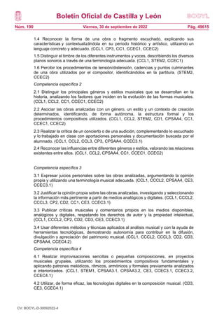 Boletín Oficial de Castilla y León
Núm. 190 Pág. 49615
Viernes, 30 de septiembre de 2022
1.4 Reconocer la forma de una obra o fragmento escuchado, explicando sus
características y contextualizándola en su periodo histórico y artístico, utilizando un
lenguaje concreto y adecuado. (CCL1, CP3, CC1, CCEC1, CCEC2)
1.5 Distinguir el timbre de los diferentes instrumentos y voces, describiendo los diversos
planos sonoros a través de una terminología adecuada. (CCL1, STEM2, CCEC1)
1.6 Percibir los procedimientos de tensión/distensión, cadencias y puntos culminantes
de una obra utilizados por el compositor, identificándolos en la partitura. (STEM2,
CCEC2)
Competencia específica 2
2.1 Distinguir los principales géneros y estilos musicales que se desarrollan en la
historia, analizando los factores que inciden en la evolución de las formas musicales.
(CCL1, CCL2, CC1, CCEC1, CCEC2)
2.2 Asociar las obras analizadas con un género, un estilo y un contexto de creación
determinados, identificando, de forma autónoma, la estructura formal y los
procedimientos compositivos utilizados. (CCL1, CCL2, STEM2, CD1, CPSAA4, CC1,
CCEC1, CCEC2)
2.3 Realizar la crítica de un concierto o de una audición, complementando lo escuchado
y lo trabajado en clase con aportaciones personales y documentación buscada por el
alumnado. (CCL1, CCL2, CCL3, CP3, CPSAA4, CCEC3.1)
2.4 Reconocer las influencias entre diferentes géneros y estilos, valorando las relaciones
existentes entre ellos. (CCL1, CCL2, CPSAA4, CC1, CCEC1, CCEC2)
Competencia específica 3
3.1 Expresar juicios personales sobre las obras analizadas, argumentando la opinión
propia y utilizando una terminología musical adecuada. (CCL1, CCCL2, CPSAA4, CE3,
CCEC3.1)
3.2 Justificar la opinión propia sobre las obras analizadas, investigando y seleccionando
la información más pertinente a partir de medios analógicos y digitales. (CCL1, CCCL2,
CCCL3, CP2, CD2, CC1, CE3, CCEC3.1)
3.3 Publicar críticas musicales y comentarios propios en los medios disponibles,
analógicos y digitales, respetando los derechos de autor y la propiedad intelectual.
(CCL1, CCCL2, CP2, CD2, CD3, CE3, CCEC3.1)
3.4 Usar diferentes métodos y técnicas aplicados al análisis musical y con la ayuda de
herramientas tecnológicas, demostrando autonomía para contribuir en la difusión,
divulgación y apreciación del patrimonio musical. (CCL1, CCCL2, CCCL3, CD2, CD3,
CPSAA4, CCEC4.2)
Competencia específica 4
4.1 Realizar improvisaciones sencillas o pequeñas composiciones, en proyectos
musicales grupales, utilizando los procedimientos compositivos fundamentales y
aplicando patrones melódicos, rítmicos, armónicos y formales previamente analizados
e interiorizados. (CCL1, STEM1, CPSAA3.1, CPSAA3.2, CE3, CCEC3.1, CCEC3.2,
CCEC4.1)
4.2 Utilizar, de forma eficaz, las tecnologías digitales en la composición musical. (CD3,
CE3, CCEC4.1)
CV: BOCYL-D-30092022-4
 