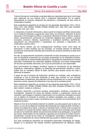 Boletín Oficial de Castilla y León
Núm. 190 Pág. 49624
Viernes, 30 de septiembre de 2022
Toda la información contrastada y evaluada debe ser organizada para servir como base
para responder de una manera clara a cuestiones relacionadas con la materia,
desarrollando la madurez intelectual del estudiante y fomentando de este modo la
creatividad e iniciativa.
Esta competencia específica se conecta con los siguientes descriptores: CCL1, CCL2,
CCL3, CP1, CP2, STEM1, STEM2, STEM3, STEM4, CD1, CD2, CD3, CD4, CPSAA4,
CPSAA5, CC3, CE1, CE3.
2. Interpretar y transmitir información y datos a partir de trabajos científicos relacionados
con la Anatomía Aplicada y argumentar sobre estos con precisión, utilizando de forma
adecuada la terminología científica y empleando diferentes formatos (textos, gráficos,
póster, presentaciones, priorizando los contenidos digitales) para analizar y explicar
conceptos, procesos, métodos, experimentos o resultados científicos, planificando,
organizando sus conocimientos y expresando sus opiniones y argumentos con
creatividad y espíritu crítico.
De la misma manera que las investigaciones científicas sirven como base de
información a todos aquellos que las consultan, se necesita plasmar en diferentes
formatos las conclusiones extraídas para transmitir los avances científicos al resto de la
comunidad.
Por ello, es especialmente importante el desarrollo de esta competencia puesto que no
solo es importante comprender los conceptos presentados en los diferentes formatos,
sino que además es imprescindible desarrollar la capacidad de transmitirlos de manera
adecuada. Actualmente los contenidos digitales constituyen una fuente indispensable
de recursos que facilitan esta tarea, por lo que se promoverá su uso responsable.
Esta comunicación de trabajos científicos supone la movilización de las destrezas
lingüísticas, matemáticas, digitales y el desarrollo del pensamiento científico y crítico,
puesto que es necesario aplicar la base científica para aportar puntos de vista u
opiniones al respecto.
A pesar de que el proceso de publicación científica es complejo, esta competencia
contribuye a que el alumnado desarrolle la base para avanzar en sus carreras
profesionales o académicas, pero además a formar estudiantes con un mayor desarrollo
personal y social, capaces de enfrentarse a los retos de la sociedad actual.
Esta competencia específica se conecta con los siguientes descriptores: CCL1, CCL2,
CCL3, CCL5, CP1, STEM1, STEM2, STEM4, CD2, CD3, CPSAA4, CPSAA5, CC1, CC3,
CE3, CCEC1, CCEC3.2, CCEC4.2.
3. Diseñar, desarrollar y promover pruebas, experimentos, iniciativas y proyectos de
investigación, siguiendo los pasos del método científico y cooperando, cuando sea
necesario, para indagar en aspectos relacionados con la anatomía y fisiología humanas
con el objetivo de fomentar la práctica de hábitos saludables que protejan y sean
beneficiosos para nuestro cuerpo, permitiendo que se asienten los conocimientos de la
Anatomía humana.
Desde el inicio de la humanidad siempre ha existido una preocupación por la salud, de
hecho, es uno de los Objetivos de Desarrollo Sostenible de la Agenda 2030, fomentar y
mejorar el cuidado de la salud, y adquirir un bienestar físico y mental. Este concepto ha
ido variando con el paso del tiempo, debido a la evolución de la sociedad, pero la base
de este se ha mantenido debido a la permanente existencia de patologías y la aparición
de nuevas, relacionadas con los sistemas y aparatos que componen el cuerpo humano.
Actualmente, muchas de las líneas de investigación nacionales e internacionales se
basan en el desarrollo de nuevos tratamientos que ayuden a mejorar la salud.
Con esta competencia específica los estudiantes desarrollan estrategias de trabajo,
basado en la aplicación del método científico (planteamiento de hipótesis, diseño
CV: BOCYL-D-30092022-4
 
