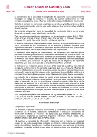Boletín Oficial de Castilla y León
Núm. 190 Pág. 49626
Viernes, 30 de septiembre de 2022
El conocimiento de la capacidad de adaptación del organismo supone comprender la
interacción de todos los sistemas y aparatos del cuerpo, centrándonos en esta
competencia específica en su influencia en las diferentes posibilidades de movimiento.
Se trata de conocer los elementos corporales que producen y facilitan el proceso de la
comunicación con nuestro entorno, para poder utilizarlos de una manera eficaz a la hora
de expresarnos.
Se pretende comprender cómo la capacidad de movimiento influye en el propio
desarrollo personal y en su relación con los demás.
Esta competencia específica se conecta con los siguientes descriptores: CCL1, CCL2,
CCL5, STEM1, STEM2, STEM3, STEM5, CD2, CD4, CPSAA1.2, CPSAA2, CPSAA3.1,
CPSAA5, CC1, CC3, CC4, CE3, CCEC3.1, CCEC3.2, CCEC4.2.
6. Analizar críticamente determinadas acciones, hábitos y actitudes relacionados con la
salud, basándose en los fundamentos de la anatomía y fisiología humana, para
argumentar acerca de la importancia de adoptar aquellos hábitos de vida que protejan
y sean beneficiosos para nuestro cuerpo frente a los perjudiciales.
El alumnado debe adquirir los conocimientos, las destrezas y las actitudes que le
posibiliten mantener y desarrollar una buena salud desde todos los puntos de vista. Con
el desarrollo de esta competencia se pretende que el alumnado adquiera e integre en
su forma de vida hábitos saludables, basados en las evidencias científicas estudiadas
en la materia, que conduzcan al logro de varios de los Objetivos de Desarrollo
Sostenible, y no solo a la mejora de su propio bienestar físico y mental.
El análisis de las relaciones que se producen entre todos los aparatos y sistemas del
cuerpo, la comprensión de los cambios corporales que tienen lugar, la influencia de
nuestros hábitos diarios en nuestro organismo, desde el punto de vista cardiopulmonar,
nutricional y postural, permite afianzar en los estudiantes la necesidad de cuidarse a si
mismos y tomar las medidas oportunas en su vida diaria para gozar de una buena salud.
La evolución de la sociedad actual en cuanto al uso excesivo de las pantallas, la
influencia de nuestra imagen en redes sociales, hacen que tenga mayor importancia, si
cabe, el desarrollo de una correcta higiene postural en nuestra vida diaria, de la
prevención de lesiones, de la adquisición de hábitos nutricionales adecuados a las
características individuales de cada persona y de herramientas y habilidades personales
que ayuden al alumnado a enfrentarse a los estereotipos sociales vinculados con la
excesiva importancia de la imagen personal, también desde el punto de vista de la
Anatomía Aplicada.
Esta competencia específica se conecta con los siguientes descriptores: CCL1, CCL2,
CCL3, STEM1, STEM2, STEM4, STEM5, CPSAA1.1, CPSAA1.2, CPSAA2, CPSAA3.1,
CPSAA4, CPSAA5, CC1, CC3, CC4, CCEC1.
Criterios de evaluación
Competencia específica 1
1.1 Plantear y resolver cuestiones innovadoras y sostenibles relacionadas con los
contenidos de la materia, localizando, contrastando y analizando críticamente la
información mediante el desarrollo de estrategias que mejoren eficazmente su
comunicación ampliando su repertorio lingüístico individual. (CCL1, CCL3, CP2,
STEM2, STEM4, CD1, CD2, CD3, CPSAA5, CE3)
1.2 Justificar la veracidad de información relacionada con la materia, con especial
énfasis en los textos académicos, incluidos en diferentes idiomas/lenguas, utilizando
fuentes tecnológicas digitales con medidas de protección, para así crear contenidos
creativos y consolidar un juicio propio sobre los aspectos éticos y de actualidad en el
CV: BOCYL-D-30092022-4
 