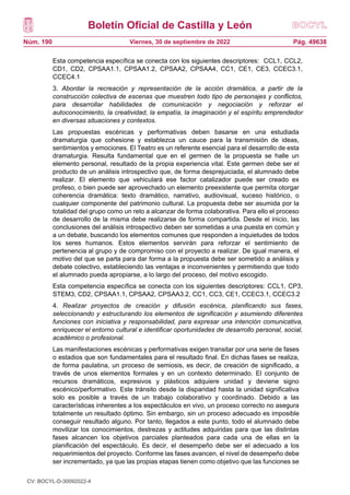 Boletín Oficial de Castilla y León
Núm. 190 Pág. 49638
Viernes, 30 de septiembre de 2022
Esta competencia específica se conecta con los siguientes descriptores: CCL1, CCL2,
CD1, CD2, CPSAA1.1, CPSAA1.2, CPSAA2, CPSAA4, CC1, CE1, CE3, CCEC3.1,
CCEC4.1
3. Abordar la recreación y representación de la acción dramática, a partir de la
construcción colectiva de escenas que muestren todo tipo de personajes y conflictos,
para desarrollar habilidades de comunicación y negociación y reforzar el
autoconocimiento, la creatividad, la empatía, la imaginación y el espíritu emprendedor
en diversas situaciones y contextos.
Las propuestas escénicas y performativas deben basarse en una estudiada
dramaturgia que cohesione y establezca un cauce para la transmisión de ideas,
sentimientos y emociones. El Teatro es un referente esencial para el desarrollo de esta
dramaturgia. Resulta fundamental que en el germen de la propuesta se halle un
elemento personal, resultado de la propia experiencia vital. Este germen debe ser el
producto de un análisis introspectivo que, de forma desprejuiciada, el alumnado debe
realizar. El elemento que vehiculará ese factor catalizador puede ser creado ex
profeso, o bien puede ser aprovechado un elemento preexistente que permita otorgar
coherencia dramática: texto dramático, narrativo, audiovisual, suceso histórico, o
cualquier componente del patrimonio cultural. La propuesta debe ser asumida por la
totalidad del grupo como un reto a alcanzar de forma colaborativa. Para ello el proceso
de desarrollo de la misma debe realizarse de forma compartida. Desde el inicio, las
conclusiones del análisis introspectivo deben ser sometidas a una puesta en común y
a un debate, buscando los elementos comunes que responden a inquietudes de todos
los seres humanos. Estos elementos servirán para reforzar el sentimiento de
pertenencia al grupo y de compromiso con el proyecto a realizar. De igual manera, el
motivo del que se parta para dar forma a la propuesta debe ser sometido a análisis y
debate colectivo, estableciendo las ventajas e inconvenientes y permitiendo que todo
el alumnado pueda apropiarse, a lo largo del proceso, del motivo escogido.
Esta competencia específica se conecta con los siguientes descriptores: CCL1, CP3,
STEM3, CD2, CPSAA1.1, CPSAA2, CPSAA3.2, CC1, CC3, CE1, CCEC3.1, CCEC3.2
4. Realizar proyectos de creación y difusión escénica, planificando sus fases,
seleccionando y estructurando los elementos de significación y asumiendo diferentes
funciones con iniciativa y responsabilidad, para expresar una intención comunicativa,
enriquecer el entorno cultural e identificar oportunidades de desarrollo personal, social,
académico o profesional.
Las manifestaciones escénicas y performativas exigen transitar por una serie de fases
o estadios que son fundamentales para el resultado final. En dichas fases se realiza,
de forma paulatina, un proceso de semiosis, es decir, de creación de significado, a
través de unos elementos formales y en un contexto determinado. El conjunto de
recursos dramáticos, expresivos y plásticos adquiere unidad y deviene signo
escénico/performativo. Este tránsito desde la disparidad hasta la unidad significativa
solo es posible a través de un trabajo colaborativo y coordinado. Debido a las
características inherentes a los espectáculos en vivo, un proceso correcto no asegura
totalmente un resultado óptimo. Sin embargo, sin un proceso adecuado es imposible
conseguir resultado alguno. Por tanto, llegados a este punto, todo el alumnado debe
movilizar los conocimientos, destrezas y actitudes adquiridas para que las distintas
fases alcancen los objetivos parciales planteados para cada una de ellas en la
planificación del espectáculo. Es decir, el desempeño debe ser el adecuado a los
requerimientos del proyecto. Conforme las fases avancen, el nivel de desempeño debe
ser incrementado, ya que las propias etapas tienen como objetivo que las funciones se
CV: BOCYL-D-30092022-4
 