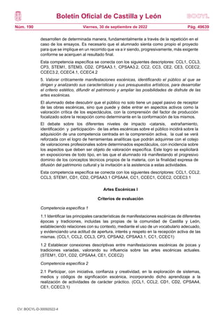 Boletín Oficial de Castilla y León
Núm. 190 Pág. 49639
Viernes, 30 de septiembre de 2022
desarrollen de determinada manera, fundamentalmente a través de la repetición en el
caso de los ensayos. Es necesario que el alumnado sienta como propio el proyecto
para que se implique en un recorrido que va a ir siendo, progresivamente, más exigente
conforme se acerquen al resultado final.
Esta competencia específica se conecta con los siguientes descriptores: CCL1, CCL3,
CP3, STEM1, STEM3, CD2, CPSAA3.1, CPSAA3.2, CC2, CC3, CE2, CE3, CCEC2,
CCEC3.2, CCEC4.1, CCEC4.2
5. Valorar críticamente manifestaciones escénicas, identificando el público al que se
dirigen y analizando sus características y sus presupuestos artísticos, para desarrollar
el criterio estético, difundir el patrimonio y ampliar las posibilidades de disfrute de las
artes escénicas.
El alumnado debe descubrir que el público no solo tiene un papel pasivo de receptor
de las obras escénicas, sino que puede y debe entrar en aspectos activos como la
valoración crítica de los espectáculos, con la comprensión del factor de producción
focalizado sobre la recepción como determinante en la conformación de los mismos.
El debate sobre los diferentes niveles de impacto -catarsis, extrañamiento,
identificación y participación- de las artes escénicas sobre el público incidirá sobre la
adquisición de una competencia centrada en la comprensión activa, la cual se verá
reforzada con el logro de herramientas analíticas que podrán adquirirse con el cotejo
de valoraciones profesionales sobre determinados espectáculos, con incidencia sobre
los aspectos que deben ser objeto de valoración específica. Este logro se explicitará
en exposiciones de todo tipo, en las que el alumnado irá manifestando el progresivo
dominio de los conceptos técnicos propios de la materia, con la finalidad expresa de
difusión del patrimonio cultural y la invitación a la asistencia a estas actividades.
Esta competencia específica se conecta con los siguientes descriptores: CCL1, CCL2,
CCL3, STEM1, CD1, CD2, CPSAA3.1 CPSAA4, CC1, CCEC1, CCEC2, CCEC3.1
Artes Escénicas I
Criterios de evaluación
Competencia específica 1
1.1 Identificar las principales características de manifestaciones escénicas de diferentes
épocas y tradiciones, incluidas las propias de la comunidad de Castilla y León,
estableciendo relaciones con su contexto, mediante el uso de un vocabulario adecuado,
y evidenciando una actitud de apertura, interés y respeto en la recepción activa de las
mismas. (CCL1, CCL2, CCL3, CP3, CPSAA2, CPSAA3.1, CC1, CCEC1)
1.2 Establecer conexiones descriptivas entre manifestaciones escénicas de pocas y
tradiciones variadas, valorando su influencia sobre las artes escénicas actuales.
(STEM1, CD1, CD2, CPSAA4, CE1, CCEC2)
Competencia específica 2
2.1 Participar, con iniciativa, confianza y creatividad, en la exploración de sistemas,
medios y códigos de significación escénica, incorporando dicho aprendizaje a la
realización de actividades de carácter práctico. (CCL1, CCL2, CD1, CD2, CPSAA4,
CE1, CCEC3.1)
CV: BOCYL-D-30092022-4
 