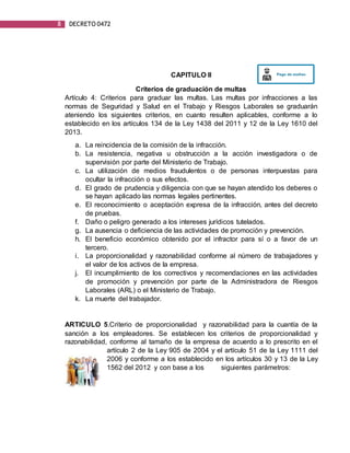 8 DECRETO 0472
CAPITULO II
Criterios de graduación de multas
Artículo 4: Criterios para graduar las multas. Las multas por infracciones a las
normas de Seguridad y Salud en el Trabajo y Riesgos Laborales se graduarán
ateniendo los siguientes criterios, en cuanto resulten aplicables, conforme a lo
establecido en los artículos 134 de la Ley 1438 del 2011 y 12 de la Ley 1610 del
2013.
a. La reincidencia de la comisión de la infracción.
b. La resistencia, negativa u obstrucción a la acción investigadora o de
supervisión por parte del Ministerio de Trabajo.
c. La utilización de medios fraudulentos o de personas interpuestas para
ocultar la infracción o sus efectos.
d. El grado de prudencia y diligencia con que se hayan atendido los deberes o
se hayan aplicado las normas legales pertinentes.
e. El reconocimiento o aceptación expresa de la infracción, antes del decreto
de pruebas.
f. Daño o peligro generado a los intereses jurídicos tutelados.
g. La ausencia o deficiencia de las actividades de promoción y prevención.
h. El beneficio económico obtenido por el infractor para sí o a favor de un
tercero.
i. La proporcionalidad y razonabilidad conforme al número de trabajadores y
el valor de los activos de la empresa.
j. El incumplimiento de los correctivos y recomendaciones en las actividades
de promoción y prevención por parte de la Administradora de Riesgos
Laborales (ARL) o el Ministerio de Trabajo.
k. La muerte del trabajador.
ARTICULO 5.Criterio de proporcionalidad y razonabilidad para la cuantía de la
sanción a los empleadores. Se establecen los criterios de proporcionalidad y
razonabilidad, conforme al tamaño de la empresa de acuerdo a lo prescrito en el
artículo 2 de la Ley 905 de 2004 y el artículo 51 de la Ley 1111 del
2006 y conforme a los establecido en los artículos 30 y 13 de la Ley
1562 del 2012 y con base a los siguientes parámetros:
 