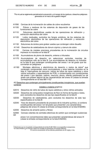 20 
DECRETO NUMERO 4741 DE 2005 HOJA No.___ 
"Por el cual se reglamenta parcialmente la prevención y el manejo de los residuos o desechos peligrosos 
generados en el marco de la gestión integra!" 
A1090 Cenizas de la incineración de cables de cobre recubiertos 
A1100 Polvos y residuos de los sistemas de depuración de gases de las 
fundiciones de cobre 
A1110 Soluciones electrolíticas usadas de las operaciones de refinación y 
extracción electrolítica dei cobre 
A1120 Lodos residuales, excluidos los fangos anódicos, de los sistemas de 
depuración electrolítica de las operaciones de refinación y extracción 
electrolítica del cobre 
A1130 Soluciones de ácidos para grabar usadas que contengan cobre disuelto 
A1140 Desechos de catalizadores de cloruro cúprico y cianuro de cobre 
A1150 Cenizas de metales preciosos procedentes de la incineración de circuitos 
impresos no incluidos en la lista B3 
A1160 Acumuladores de plomo de desecho, enteros o triturados 
A1170 Acumuladores de desecho sin seleccionar excluidas mezclas de 
acumuladores sólo de la lista B. Los acumuladores de desecho no incluidos 
en la lista B que contengan constituyentes del anexo I en tal grado que los 
conviertan en peligrosos 
A1180 Montajes eléctricos y electrónicos de desecho o restos de éstos4 que 
contengan componentes como acumuladores y otras baterías incluidos en la 
lista A, interruptores de mercurio, vidrios de tubos de rayos catódicos y otros 
vidrios activados y capacitadores de PCB, o contaminados con constituyentes 
del anexo I (por ejemplo, cadmio, mercurio, plomo, bifenilo policlorado) en tal 
grado que posean alguna de las características del anexo III (véase la entrada 
correspondiente en la lista BB1110)5 
A2 Desechos que contengan principalmente constituyentes inorgánicos, que puedan 
contener 
metales o materia orgánica 
A2010 Desechos de vidrio de tubos de rayos catódicos y otros vidrios activados 
A2020 Desechos de compuestos inorgánicos de flúor en forma de líquidos o lodos, 
pero excluidos los desechos de ese tipo especificados en la lista B 
A2030 Desechos de catalizadores, pero excluidos los desechos de este tipo 
especificados en la lista B 
A2040 Yeso de desecho procedente de procesos de la industria química, si contiene 
constituyentes del anexo I en tal grado que presenten una característica 
peligrosa del anexo III (véase la entrada correspondiente en la lista B B2080) 
A2050 Desechos de amianto (polvo y fibras) 
A2060 Cenizas volantes de centrales eléctricas de carbón que contengan sustancias 
del 
anexo I en concentraciones tales que presenten características del anexo III 
(véase ia entrada correspondiente en la lista B B2050) 
3 Obsérvese que en el apartado correspondiente de la lista B ([B1160]) no se especifican excepciones. 4 En esta entrada no se incluyen restos de montajes de generación de energía eléctrica. 
5 El nivel de concentración de los bifenilos policlorados de 50 mg/kg o más. 
 