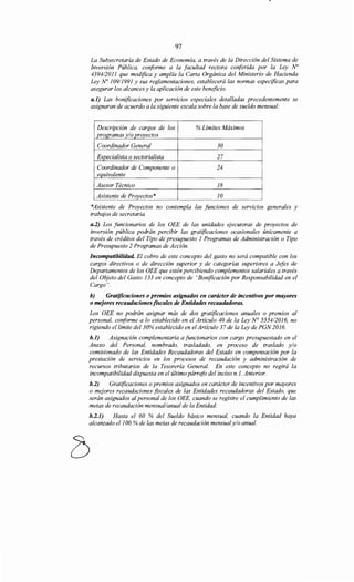 97
La Subsecretaría de Estado de Economía, a través de la Dirección del Sistema de
Inversión Pública, conforme a la facultad rectora conferida por la Ley No
4394/2011 que modifica y amplía la Carta Orgánica del Ministerio de Hacienda
Ley No 109/1991 y sus reglamentaciones, establecerá las normas especificas para
asegurar los alcances y la aplicación de este beneficio.
a.l) Las bonificaciones por servicios especiales detalladas precedentemente se
asignaran de acuerdo a la siguiente escala sobre la base de sueldo mensual:
Descripción de cargos de los %Límites Máximos
programas y/o proyectos
Coordinador General 30
Especialista o sectorialista 27
Coordinador de Componente o 24
equivalente
Asesor Técnico 18
Asistente de Proyectos* JO
*Asistente de Proyectos no contempla las funciones de servicios generales y
trabajos de secretaria.
a.2) Los funcionarios de los OEE de las unidades ejecutoras de proyectos de
inversión pública podrán percibir las gratificaciones ocasionales únicamente a
través de créditos del Tipo de presupuesto 1 Programas de Administración o Tipo
de Presupuesto 2 Programas de Acción.
Incompatibilidad. El cobro de este concepto del gasto no será compatible con los
cargos directivos o de dirección superior y de categorías superiores a Jefes de
Departamentos de los OEE que estén percibiendo complementos salariales a través
del Objeto del Gasto 133 en concepto de "Bonificación por Responsabilidad en el
Cargo".
b) Gratificaciones o premios asignados en carácter de incentivos por mayores
o mejores recaudacionesfiScales de Entidades recaudadoras.
Los OEE no podrán asignar más de dos gratificaciones anuales o premios al
personal, conforme a lo establecido en el Artículo 40 de la Ley N° 5554/2016, no
rigiendo el límite de/30% establecido en el Artículo 37 de la Ley de PGN 2016.
b.l) Asignación complementaria a funcionarios con cargo presupuestado en el
Anexo del Personal, nombrado, trasladado, en proceso de traslado y/o
comisionado de las Entidades Recaudadoras del Estado en compensación por la
prestación de servicios en los procesos de recaudación y administración de
recursos tributarios de la Tesorería General. En este concepto no regirá la
incompatibilidad dispuesta en el último párrafo del inciso n.l. Anterior.
b.2) Gratificaciones o premios asignados en carácter de incentivos por mayores
o mejores recaudaciones fiscales de las Entidades recaudadoras del Estado, que
serán asignados al personal de los OEE, cuando se registre el cumplimiento de las
metas de recaudación mensual/anual de la Entidad:
b.2.1) Hasta el 60 % del Sueldo básico mensual, cuando la Entidad haya
alcanzado el 100 % de las metas de recaudación mensualy/o anual.
 