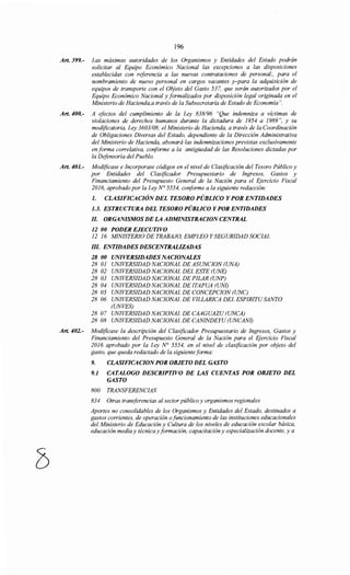 196
Art. 399.- Las maxzmas autoridades de los Organismos y Entidades del Estado podrán
solicitar al Equipo Económico Nacional las excepciones a las disposiciones
establecidas con referencia a las nuevas contrataciones de personal;, para el
nombramiento de nuevo personal en cargos vacantes y-para la adquisición de
equipos de transporte con el Objeto del Gasto 537, que serán autorizados por el
Equipo Económico Nacional y formalizados por disposición legal originada en el
Ministerio de Hacienda, a través de la Subsecretaría de Estado de Economía".
Art. 400.- A efectos del cumplimiento de la Ley 838/96 "Que indemniza a víctimas de
violaciones de derechos humanos durante la dictadura de 1954 a 1989 ", y su
modificatoria, Ley 3603/08; el Ministerio de Hacienda, a través de la Coordinación
de Obligaciones Diversas del Estado, dependiente de la Dirección Administrativa
del Ministerio de Hacienda, abonará las indemnizaciones previstas exclusivamente
en forma correlativa, coriforme a la antigüedad de las Resoluciones dictadas por
la Defensoría del Pueblo.
Art. 401.- Modificase e Incorporase códigos en el nivel de Clasificación del Tesoro Público y
por Entidades del Clasificador Presupuestario de Ingresos, Gastos y
Financiamiento del Presupuesto General de la Nación para el Ejercicio Fiscal
2016, aprobado por la Ley N° 5554, conforme a la siguiente redacción:
l. CLASIFICACIÓNDEL TESORO PÚBLICO Y POR ENTIDADES
1.3. ESTRUCTURA DEL TESORO PÚBLICO YPOR ENTIDADES
II. ORGANISMOS DE LA ADMINISTRACION CENTRAL
12 00 PODER EJECUTIVO
12 16 MINISTERIO DE TRABAJO, EMPLEO Y SEGURIDAD SOCIAL
111. ENTIDADES DESCENTRALIZADAS
28 00 UNIVERSIDADES NACIONALES
28 01 UNIVERSIDAD NACIONAL DE ASUNCION (UNA)
28 02 UNIVERSIDAD NACIONAL DEL ESTE (UNE)
28 03 UNIVERSIDAD NACIONAL DE PILAR (UNP)
28 04 UNIVERSIDAD NACIONAL DE ITAPUA (UN!)
28 05 UNIVERSIDAD NACIONAL DE CONCEPCION (UNC)
28 06 UNIVERSIDAD NACIONAL DE VILLARICA DEL ESPIRITUSANTO
(UNVES)
28 07 UNIVERSIDAD NACIONAL DE CAAGUAZU (UNCA)
28 08 UNIVERSIDAD NACIONAL DE CANINDEYU (UNCANI)
Art. 402.- Modificase la descripción del Clasificador Presupuestario de Ingresos, Gastos y
Financiamiento del Presupuesto General de la Nación para el Ejercicio Fiscal
2016 aprobado por la Ley No 5554, en el nivel de clasificación por objeto del
gasto, que queda redactado de la siguienteforma:
9. CLASIFICACION POR OBJETO DEL GASTO
9.1 CATALOGO DESCRIPTIVO DE LAS CUENTAS POR OBJETO DEL
GASTO
800 TRANSFERENCIAS
834 Otras transferencias al sector público y organismos regionales
Aportes no consolidables de los Organismos y Entidades del Estado, destinados a
gastos corrientes, de operación ofuncionamiento de las instituciones educacionales
del Ministerio de Educación y Cultura de los niveles de educación escolar básica,
educación media y técnica y formación, capacitación y especialización docente, y a
 