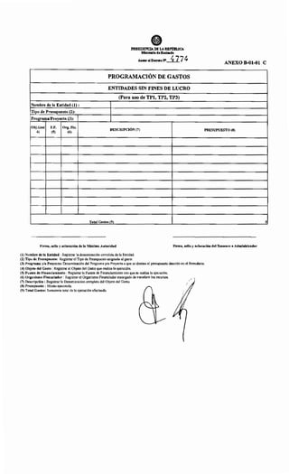 Nombre de la Entidad (1):
Tipo de Presupuesto (2):
Programa/Proyecto (3):
Obj.Gas( F.F. Org. Fin.
4) (5) (6)
PRESIDENCIA Dl! LAREP'Ú:BLICA
Mhtlltcio ddbciend•
Anm~ al Decreto N' 4774
PROGRAMACIÓN DE GASTOS
ENTIDADES SIN FINES DE LUCRO
(Para uso de TP1, TP2, TP3)
DESCRIPCIÓN (7)
Total Gastos (9)
ANEXO B-01-01 C
PRESUPUESTO (8)
o
Firma, sello y aclaración de la Máxima Autoridad Firma, sello y aclaración del Tesorero o Administrador
(1) Nombre de la Entidad :Registrar la denominación completa de la Entidad.
(2) Tipo de Presupuesto: Registrar el Tipo de Presupuesto asignado al gasto.
(3) Programa y/o Proyecto: Denominación del Programa y/o Proyecto a que se destina el presupuesto descrito en el formulario.
(4) Objeto del Gasto : Registrar el Objeto del Gasto que realiza la ejecución.
(5) Fuente de Financiamiento : Registrar la Fuente de Financiamiento con que se realiza la ejecución.
(6) Organismo Financiador : Registrar el Organismo Financiador encargado de transferir los recursos.
(7) Descripción : Registrar la Denominacion completa del Objeto del Gasto.
(8) Presupuesto : Monto ejecutado.
(9) Total Gastos: Sumatoria total de la ejecución efectuada.
 