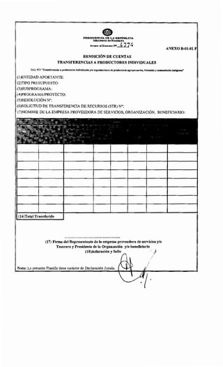 el'RESIDENC:t:A DE LA REPO:BLICA
Ministerio daHaci-da
. An"""o al De<>r'Ot., :rqo> lf 77~
RENDICIÓN DE CUENTAS
TRANSFERENCIAS A PRODUCTORES INDIVIDUALES
ANEXO B-01-01
O.G: 873 "Transferencias a productores individuales y/o organizaciones de productores agropecuarios, forestales y comunidades indlgenas"
(l)ENTIDAD APORTANTE:
(2)TIPO PRESUPUESTO:
1 (3)SUBPROGRAMA:
1 (4)PROGRA~/PROYECTO:
(S)RESOLUCION No:
(6)SOLICITUD DE TRANSFERENCIA DE RECURSOS (STR) N°:
(7)NOMBRE DE LA EMPRESA PROVEEDORA DE SERVICIOS, ORGANIZACIÓN, BENEFICIARIO:
(16)Total Transferido
(17) Firma del Representante de la empresa proveedora de servicios y/o
Tesorero y Presidente de la Organzación y/o beneficiario
(18)Aclaración y Sello ./ )
Nota: La presente Planilla tiene carácter de Declaración Jurada.
 