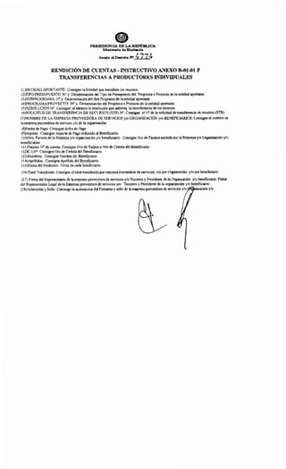 PRESIDENCIA DE LA REP'ÚBLICA
Minilrtf!rlo deHedlllft.da
, Anexo alDeaeto N" j. 77~
RENDICIÓN DE CUENTAS- INSTRUCTIVO ANEXO B-01-01 F
TRANSFERENCIAS A PRODUCTORES INDIVIDUALES
(!)ENTIDAD APORTANTE: Consigne la Entidad que transfiere los recursos,
(2)TIPO PRESUPUESTO: W y Denominación del Tipo de Presupuesto del Programa o Proyecto de la entidad aportante,
(3)SUBPROGRAMA: N° y Denominación del Sub Programa de la entidad aportante
(4)PROGRAMAIPROYECTO: N° y Denominación del Programa o Proyecto de la entidad aportante
(S)RESOLUCIÓN N°: Consigne el número la resolución que autoriza la transferencia de los recursos
(6)SOLICITUD DE TRANSFERENCIA DE RECURSOS (STR) W: Consigne el W de la solicitud de transferencia de recursos (STR).
(7)NOMBRE DE LA EMPRESA PROVEEDORA DE SERVICIOS y/o ORGANIZACIÓN y/o BENEFICIARIOS: Consigne el nombre de
la empresa proveedora de servicos y/o de la organización
(8)Fecha de Pago: Consigne fecha de Pago
(9)Importe: Consigne importe de Pago realizado al Beneficiario
(! O)Nro. Factura de la Empresa y/o organización y/o beneficiario: Consigne Nro de Factura emitida por la Empresa y/o Organización y/o
beneficiarios
(11)Tarjeta! N° de cuenta: Consigne Nro de Tarjeta o Nro de Cuenta del Beneficiario
(12)C.I.W: Consigne Nro de Cedula del Beneficiario
(13)Nombres: Consigne Nombre del Beneficiario
(14)Apellidos: Consigne Apellido del Beneficiario
(15)Firma del Productor: Firma de cada beneficiario
(16)Total Transferido: Consigne el total transferido por empresa proveedora de servicios, y/o por Organzación y/o por beneficiario
(17) Firma del Representante de la empresa proveedora de servicios y/o Tesorero y Presidente de la Organzación y/o beneficiario: Firma
del Representante Legal de la Empresa proveedora de servicios y/o Tesorero y Presidente de la organización y/o beneficiario
(18)Aclaración y Sello: Consinge la acalaracion del Firmante y sello de la empresa proveedora de servicios y/o r ización y/o
 