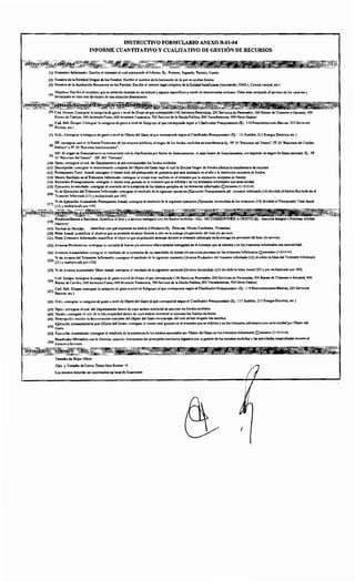 INSTRUCTIVO FORMULARIO ANEXO B-01-04
INFORME CUANTITATIVO Y CUALITATIVO DE GESTIÓN DE RECURSOS
(1) Trimestre Informado: Escribir el trimestre al cual correponde el Informe. Ej.: Primero, Segundo, Tercero, Cuarto.
(2) Nombre de la Entidad Origen de los Fondos: Escribir el nombre de la Institución de la que se reciben fondos.
(3) Nombre de la Institución Receptora de los Fondos: Escribir el nombre legal completo de la Entidad beneficiaria (Asociación, ONG's, Comité vecinal, etc.)
(
4
) Objetivo: Escribir el propósito que se pretende alcanzar en un tiempo y espacio específicos a través de determinadas acciones. Debe estar orientado al servicio de los usuarios y
formulados en términos de mejora de una situación determinada.
(5) Cod. Grupo: Consignar la categoría de gasto a nivel de Grupo al que corresponde (100 Servicios Personales; 200 Servicios no Personales, 300 Bienes de Consumo e Insumos; 400
Bienes de Cambio; 500 Inversión Física; 600 Inversión Financiera; 700 Servicio de la Deuda Pública; 800 Transferencias; 900 Otros Gastos)
(
6
) Co~, Sub. Grupo: Consignar la categoria de gasto a nivel de Subgrupo al que corresponde según el Clasificador Presupuestario (Ej.: 110 Remuneraciones Básicas; 210 Servicios
Bás1cos, etc.)
(7) O.G.: Consignar la categoría de gasto a nivel de Objeto del Gasto al que corresponde según el Clasificador Presupuestario (Ej.: 111 Sueldos; 211 Energia Electrica, etc.)
(
8
) FF: consignar cual es la Fuente Financiera de los recursos públicos, el origen de los fondos recibidos en transferencia Ej.: FF 1O"Recursos del Tesoro", FF 20 "Recursos del Crédito
Público" o FF 30 "Recursos Institucionales".
(
9
) OF: El origen de financiamiento es concurrente con la clasificación por fuente de financiamiento. A cada fuente de financiamiento, corresponde un origen de financiamiento. Ej : FF:
10 "Recursos del Tesoro" OF: 001 "Genuino"
(10) Dpto.: consignar el cod. del Departamento al que corresponden los fondos recibidos
(11) Descripción: consignar la denominación completa del Objeto del Gasto bajo el cual la Entidad Origen de Fondos efectua la transferencia de recursos
(12) Presupuesto Total Anual: consignar el monto total del presupuesto en guaraníes que será destinado en el año a la institución receptora de fondos.
(13) Monto Recibido en el Trimestre Informado: consignar el monto total recibido en el trimestre por la institución receptora de fondos.
(14) Ejecución Presupuestaría: consignar el monto total gastado en el trimestre que se informa y en los trimestres informados con anterioridad.
(15) Ejecución Acumulada: consignar el resultado de la sumatoria de los montos gastados en los trimestres informados (Itrimestre (1+2+3+4).
(
16
) %de Ejecución del Trimestre Informado: consignar el resultado de la siguiente operación [Ejecución Presupuestaria del trimestre informado (14) dividido el Monto Recibido en el
Trimestre Informado (13) y multiplicado por 100].
(
17
) % de Ejecución Acumulada Presupuesto Anual: consignar el resultado de la siguiente operación [Ejecución Acumulada de los trimestres (15) dividido el Presupuesto Total Anual
(12) y multiplicado por 100].
18
) Producto/Bienes o
( Mayores)
(19) Unidad de Medida: identificar con que expresión se medirá el Producto (Ej.: Personas, Metros Cuadrados, Viviendas)
(20) Meta Anual: cuantificar el objetivo que se pretende alcanzar durante el año en la entrega y/o provisión del bien y/o servicio.
(21) Meta Trimestre Informado: cuantificar el objetivo que se pretendió alcanzar durante el trimestre informado en la entrega y/o provisión del bien y/o servicio.
(22) Avanees Productivos: consignar la cantidad de bienes y/o servicios efectivamente entregados en el trimestre que se informa y en tos trimestres informados con anterioridad.
(23) Avances Acumulados: consignar el resultado de la sumatoria de las cantidades de bienes y/o servicios provistos en los trimestres Informados (Ltrimestre (1+2+3+4)
%de Avance del Trimestre Informado: consignar el resultado de la siguiente operación [Avance Productivo del trimestre informado (22) dividido la Meta del Trimestre Informado
<24
>(21) y multiplicado por 100].
(25) %de Avance Acumulado/ Meta Anual: consignar el resultado de la siguiente operación [Avance Acumulado (23) dividido la Meta Anual (20) y por multiplicado por 100).
Cod. Grupo: consignar la categoría de gasto a nivel de Grupo al que corresponde (lOO Servicios Personales; 200 Servicios no Personales, 300 Bienes de Consumo e Insumas; 400
(
26
) Bienes de Cambio; 500 Inversión Fisica; 600 Inversión Financiera; 700 Servicio de la Deuda Pública; 800 Transferencias; 900 Otros Gastos)
Cod. Sub. Grupo: consignar la categoría de gasto a nivel de Subgrupo al que corresponde según el Clasificador Presupuestario (Ej.: 110 Remuneraciones Básicas; 210 Servicios
(
27
) Básicos, etc.)
(28) O.G.: consignar la categoría de gasto a nivel de Objeto del Gasto al que corresponde según el Clasificador Presupuestario (Ej : 111 Sueldos; 211 Energia Electrica, etc.)
(29) Dpto.: consignar el cod. del Departamento dentro de cuyo ámbito territorial se ejecutan los fondos recibidos.
(30) Munic.: consignar el cod. de la Municipalidad dentro de cuyo ámbito territorial se ejecutan los fondos recibidos.
(31) Descripción: escribir la denominación completa del Objeto del Gasto en concepto del cual se han erogado los recursos.
Ejecución presupuestaria por Objeto del Gasto: consignar el monto total gastado en el trimestre que se informa y en los trimestres informados con anterioridad por Objeto del
<32) Gasto.
(33) Ejecución Acumulada: consignar el resultado de la sumatoria de los montos ejecutados por Objeto del Gasto en los trimestres Informados (¿trimestre (1+2+3+4).
Resultados Obtenidos con la Gestión: describir brevemente los principales resultados logrados con la gestión de los recursos recibidos y las actividades desarrolladas durente el
(34) trimstre informado.
Tamaño de Hoja: Oficio
Tipo y Tamaño de Letra: Times New Roman 10
Los montos deberán ser expresados en total de Guaraníes
(
 