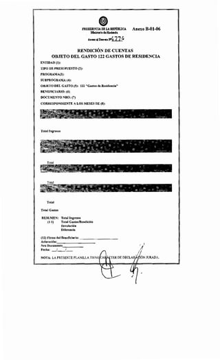 PRESIDENCIADE LA REPÚBLICA Anexo B-01-06
Ministerio dtHaeienda
Anexo alDeul!(o~~
RENDICIÓN DE CUENTAS
OBJETO DEL GASTO 122 GASTOS DE RESIDENCIA
ENTIDAD (1):
TIPO DE PRESUPUESTO (2):
PROGRAMA(3):
SUBPROGRAMA (4):
OBJETO DEL GASTO (5): 122 "Gastos de Residencia"
BENEFICIARIO: (6)
DOCUMENTO NRO: (7)
CORRESPONDIENTE A LOS MESES DE (8):
Total Ingresos
Total
Total
Total
Total Gastos
RESUMEN: Total Ingresos
(1 1) Total Gastos/Rendición
Devolución
Diferencia
(12) Firma del Beneficiario: - - - - - - - - -
Aclaración:_________
Nro Documento_____
Fecha: _!__!_
NOTA: LA PRESENTE PLANILLA TIENE
 