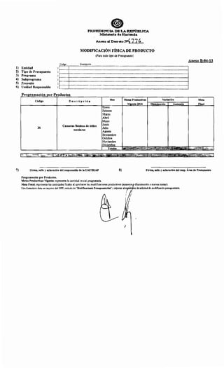 :PRESIDENCIA DE LA REPú:BI.ICA.
:Mini~o de Haeitm.da
Anexo al Daento N4 77~
MODIFICACIÓN FÍSICA DE PRODUCTO
(Para todo tipo de Presupuesto)
Anexo B-04-13
Código Descripción
1) Entidad
2) Tipo de Presupuesto
3) Pro~rama
4) Subpro~rama
5) Proyecto
6) Unidad Responsable
:[~~~~~~~I~~~~~~~~~~~~~~~~~~~~~~~~~~~~~~~~~~~~~~~~~~~~~~~~~~~~~~~~~~~~~~~~~~~~~~~~~~~~~~~~~~~~~~~~~~~~~~~~~~~~~~~~~~~~~~~~J
· ' 1 1.1 1 1
~--------t-----------------------------------------------------------------------------------------------------...............................1•• 1 1
•• 1 1
= [~~~~~~~I~~~~~~~~~~~~~~~~~~~~~~~~~~~~~~~~~~~~~~~~~~~~~~~~~~~~~~~~~~~~~~~~~~~~~~~~~~~~~~~~~~~~~~~~~~~~~~~~~~~~~~~~~~~~~~~~J· ' 1 1
· ' 1 1
:t:~~~~~:I~~~~~~~:~~~~~~~~~~~~~~~~~~:~~~~~~~~~~~~~~~~~::::::::::::::::::::::::::::::::::::::::::::::::::::::::~~~~~~~~~~~:J
p rogramacwn por p d tro uc os
Código Descripción
Mes Metas Productivas Variación Meta
Vi~~:ente 2016 Disminución Aumento Final
Enero
Febrero
Marzo
Abril
Mayo
Canastas Básicas de útiles Junio
36
escolares
Julio
Agosto
Septiembre
Octubre
Noviembre
Diciembre
Totales
'w'~ ,-,:-
#¡ ~':.:;';'  . '
7) Firma, sello y aclaración del responsable de la UAF/SUAF 8) Firma, sello y aclaración del resp. Área de Presupuesto
Programación por Productos.
Metas Productivas Vigente: representa la cantidad inicial programada.
Meta Final: representa las cantidades finales al aprobarse las modificaciones productivas (aumento pdisminución o nuevas metas).
Este formulario debe ser impreso del SIPP, módulo de "Modificaciones Presupuestarias" y adjuntar al efedifnte de solicitud de modificación presupuestaria.
1 !
1
11
1
 