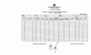 Institución:
Repartición:
CJ.C.
N•
N~mb~e (s)yApellido(s)
Mes:
Ejercicio:
Catíigoria
Denominación:·:
~¡!Cargo
PRESIDENCIA DE LA REPÚBLICA
:Ministerio de Hacienda
Anexo al Decreto N'l 4774
PLANILLA DE LIQUIDACIÓN DE REMUNERACIONES
Art. 4° - LEY N° 2345/03.-
Sueldó.
Ptesup~stado
Nivel:
Entidad:
Sueldo
Dewrigado
'Bonilky
Gratificación
Programa:
Sub-programa:
Otras ReJUuneraciones .
H<lras ,., Gastosde
Exiiaordinarias · · ,· Respresentación
Otros GastoS del;
persoii3i .
/;)Firma, sello y aclaración del responsable de la UAF
-4
TotalRemuneración
Imponible
Proyecto:
bescuéiiio
Jub~~ióri
ANEXO B-05-01
AporteiPS
S,SO"Io
Sueldo"
Lí~iR4o~<·
Firma, sello y aclaración del resP- Área de Presupuesto
 