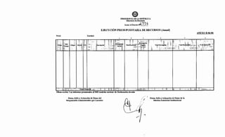 Nivel: Entidad:
PRESIDENCLI DE LA REPÚBLICA
Ministwio deHacienda
Anexo al Decreto~ 77~
EJECUCIÓN PRESUPUESTARIA DE RECURSOS (Anual)
2 4
ANEXO B-06-06
5 6
GJ:UPo
,. Sub
Gropo
Origen 1Detalle 1F.F.
1.
Descripción •
l
,,.t,~upuesro
. ¡;¡¡¡.· lnidal
Modificaciones ·
Presúp11ésto
<vigente
3='1+2
Total Devengado 3 Total Recaudad(f': %de Ejecución
~,::~{'
~Tot~fGeneral
Observación: Los informes presentados al MH tendrán carácter de Declaración Jurada
Firma, Sello y Aclaración de Firma del
Responsable Administrativo y/o Contador
(;
/
-1
Firma, Sello y Aclaración de Firma de la
Máxima Autoridad Institucional
 