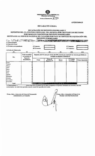 •PRE8IDENCIA DE LA REP'Um.ICA
J.v.linimrrio de Haeill!llda
. Anexo alDeeretCJ NO 477~
ANEXO B-06-25
DECLARACIÓN JURADA
RECAUDACIÓN DE IMPUESTO INMOBILIARIO Y
DEPÓSITOS DEL 1% (UNO POR CIENTO) DEL 70% (SETENTA POR CIENTO)DE LOS RECURSOS
PERCIBIDOS EN CONCEPTO DE IMPUESTO INMOBILIARIO,
DESTINADOS AL SERVICIO NACIONAL DE CATASTRO POR PAGO DE SERVICIO DE LIQUIDACIÓN DEL
IMPUESTO INMOBILIARIO
(1) Municipalidad
(2) Ejercicio Fiscal
(3) Periodo correspondiente
(4) Fecha de Elaboración
Mes
:I Trimestre
:III Trimestre
11 Trimestre
IV Trimestre
Depósitos dell% (uno por ciento) del 70% (setenta por ciento)de los recursos percibidos en
concepto de impuesto inmobiliario
Total recaudado
en concepto de
Impuesto
Inmobiliario Fecha
de
N• Banco
N° Cuenta
Corriente
Monto depositado
Octubre
Noviembre
Diciembre
Total
La Municipalidad (1)..................... declara bajo Fé de Juramento que los datos consignados en el presente formulario son correctos y han sido
confeccionados sin omitir dato que deba contener, siendo fiel expresión de la verdad.
Firma, Sello y Aclaración de Firma del Responsable
Administrativo y/o Contador
1
Firma, Sello y Aclaración de Firma de la
Máxima Autoridad Institucional
o
o
o
o
o
o
o
o
o
o
o
o
 