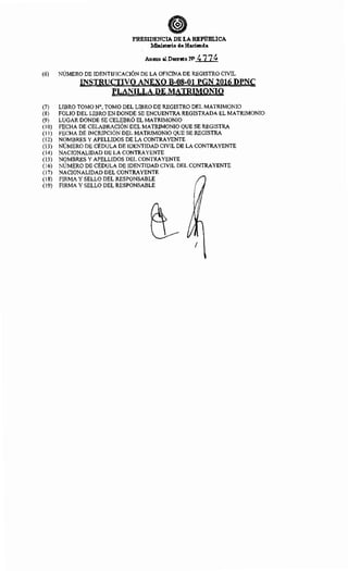 PRESIDENCIA DE LA REPÚBLICA
Ministerio d.e. Hacienda
Anexo al De.creto NO 477~
(6) NÚMERO DE IDENTIFICACIÓN DE LA OFICINA DE REGISTRO CIVIL
INSTRUCTIVO ANEXO B-08-01 PGN 2016 DPNC
PLANILLA DE MATRIMONIO
(7) LIBRO TOMO N°, TOMO DEL LIBRO DE REGISTRO DEL MATRIMONIO
(8) FOLIO DEL LIBRO EN DONDE SE ENCUENTRA REGISTRADA EL MATRIMONIO
(9) LUGAR DONDE SE CELEBRÓ EL MATRIMONIO
(10) FECHA DE CELABRACIÓN DEL MATRIMONIO QUE SE REGISTRA
(11) FECHA DE INCRIPCIÓN DEL MATRIMONIO QUE SE REGISTRA
(12) NOMBRES Y APELLIDOS DE LA CONTRAYENTE
(13) NÚMERO DE CÉDULA DE IDENTIDAD CIVIL DE LA CONTRAYENTE
(14) NACIONALIDAD DE LA CONTRAYENTE
(15) NOMBRES Y APELLIDOS DEL CONTRAYENTE
(16) NÚMERO DE CÉDULA DE IDENTIDAD CIVIL DEL CONTRAYENTE
(17) NACIONALIDAD DEL CONTRAYENTE
(18) FIRMA Y SELLO DEL RESPONSABLE
(19) FIRMA Y SELLO DEL RESPONSABLE
1
 