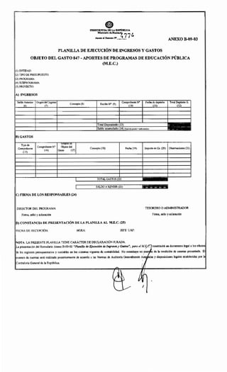 ePRESIDENCIA DE LA lutPtmUCA
Mlnimdo deHariooul~
77
~
Anexo al D...,..o N'_ _
ANEXO B-09-03
PLANILLA DE EJECUCIÓN DE INGRESOS Y GASTOS
OBJETO DEL GASTO 847 -APORTES DE PROGRAMAS DE EDUCACIÓN PÚBLICA
(M.E.C.)
!)ENTIDAD:
(2) TIPO DE PRESUPUESTO:
(3) PROGRAMA:
(4) SUBPROGRAMA:
(5) PROYECTO:
lA) INGRESOS
Saldo Anterior 1 Origendel Ingreso Concepto (8) ReciboW (9)
No Fecha de depósito Total DepÓsito G.
(6) (7) (10) (11) (12)
Total ,..nno;t~.l') (13)
Saldo (14) (foto! del periodo+ ,.¡do anterio.)
B)GASTOS
Tipo de
vrupos oe
Comprobante
Comprobante No Objeto del Concepto (18) Fecha (19) Importe en Gs. (20) Observaciones (21)
(15)
(16) Gasto (17)
TOTAL GASTOS (22)
1
SALDO ARENDIR (23) 1
IC) FIRMA DE LOS RESPONSABLES (24)
DIRECTOR DEL PROGRAMA TESORERO O ADMINISTRADOR
Firma, sello y aclaración Firma, sello y aclaración
ID) CONSTANCIA DE PRESENTACIÓN DE LA PLANILLA AL M.E.C. (25)
FECHA DE RECEPCIÓN: HORA: JEFE UAF:
NOTA: LA PRESENTE PLANILLA TIENE CARÁCTER DE DECLARACIÓN JURADA
Lo ~'=~"''"" del fomulorio Ao~o B-il9-03 "Plonil/o d• Ejreuddn d, Ingmm y G""""• pwa ,¡ ~;:;."'""itulcl ""do'"~to logol • le< '""'"
de los registros presupuestarios y contables en los sistemas vigentes de contabilidad. No constituye un. · de la rendición de cuentas presentada. El
examen de cuentas será realizado posteriormente de acuerdo a las Normas de Auditarla Generalmente y disposiciones legales establecidas por la
General de la República.
,... IJ
~ ~r
1
 
