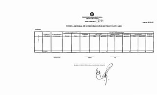 ENTIDAD:
NOMBRES Y N° Decreto/Resolución
No APELLIDOS de Nombramiento
1
2
3
TOTALES
Asesoria Jurídica
PRESIDENCIA DE LAREPúBLICA
Minimrio deHacienda
Anexo al Decreto NI 477~
NÓMINA GENERAL DE BENEFICIADOS POR RETIRO VOLUNTARIO
Promedio de Sueldo (6 meses) CÁLCULO DE BENEFICIARIOS
Antigüedad PRE-AVISO INDEMNIZACIÓN AGUINALDO
Mensual Diario (años) (días) (guaraníes) (días) (guaraníes) (guaraníes)
o o o-~
URRHH UAF
MÁXIMA AUTORIDAD INSTITUCIONAL U ORDENADOR DE GASTOS
Anexo B-10-03
VACACIONES TOTAL DE
(días) (guaraníes) HABERES
1
o o¡--~
 