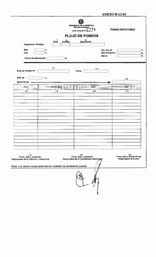 ANEXO B-12-03
ePRESIDENCIA DE LA RJ!PI}nt.tCA
Mlalsttrio do Hodmd•
AneuoiD-If' 477~ FONDO ROTATORIO
FLUJO DE FONDOS
Organismo 1Entidad:
0) 00 ~
Nivel Entidad Descripción
:·........!.........:· ..... o. o •• o o o o •••• o o •• o o o •• o o o o. o. o o·:
.............................................................
Cta. Cte. N°
...........................
: :(7)
········-·········································Denominación : : :(6)
...................................................,
Fecha de elaboración:~:::::::::::::::::: ::(6)
Banco :o o o o o o o o o o o o o o o o o o o o o o o o :<9)
Nota de Crédito N°
(10
•• o o o o o o o o o o o o o o o-~ o o o o o o o o o o o o o o o o ••
o o
o o
····································
Fecha:
(11)
!""'''''''''''''''"''''''''':
: ...........................·
STR. NO : :·o o o o o o o o o o o o o·: (12)
................ (13)
Saldo Inicial
:·······························:
------------------------11~ :................................
Rubro . ,d~1>~~t.;·1¡~~~i:'~: .'<
.. ······. . 2~::•.;.,.
z"~~'J;,;;:,, ' '·.·· ··.; ;:¡;<?;> ..
Monto
(14) (15) (16)
(16) (19)
Firma, sello y aclaración. Firma, sello y aclaración.
Responsable de la Tesorería Institucional Responsable de la Contabilidad lnstitucio
Nota: Los datos incorporados tienen carácter de declaración jurada.
1
...........;::¿; ...
..... s~~'·;~t*&'~··C. •
(17)
(20)
Firma, sello y aclaración del
Responsable de la UAF
 