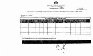 PRESIDENCIA DE LA REPÚBLICA
lMinisterio de Hacienda
Anexo al Decreto Nl ~ 77~
ANEXO B-15-01
SOLICITUD DE INSCRIPCIÓN EN EL IDENTIFICADOR DE ACREEDOR PRESUPUESTARIO- PERSONAL CONTRATADO
ENTIDAD SOLICITANTE:
FECHA:
DATOS DEL PERSONAL CONTRATADO
Firma del responsable de la UAF's (sello aclaración de firma y cargo) y sello de la Entidad.
 