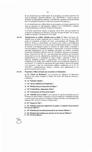 Art. 65.-
Art. 66.-
55
b) Las transjérencias de créditos dentro de un programa, por montos superiores a la
suma de guaraníes Quinientos Millones Uno (500.000.001.-) hasta la suma de
guaraníes Un Mil Quinientos Millones (1.500.000.000.-) mediante resolución firmada
por el Coordinador Sectorial de la Dirección General de Presupuesto; y
e) Las transferencias de créditos dentro de un programa, por montos superiores a la
suma de guaraníes Un Mil Quinientos Millones Uno (1.500.000.001.-) mediante
resoluciónfirmada por el Director General de Presupuesto.
La presente autorización, durante el EJercicio Fiscal 2016, será con carácter de
excepción a lo dispuesto en el Decreto N" 2197 del 5 dejunio de 2009, "Por el cual se
modifica elArtículo 37 del Decreto N" 812712000".
Transferencias de créditos. Subsidio para la Salud. El Objeto del Gasto 191,
Subsidio para la Salud, establecido por el Artículo 21 de la Ley N' 5554/2016,
podrá ser transferido al Objeto del Gasto correspondiente del Subgrupo 260,
Servicios Técnicos y Profesionales, de acuerdo a las normas y procedimientos
dispuestos en este Decreto, en el caso de que los OEE tengan previstos o resuelvan
de acuerdo al presupuesto vigente la cobertura de seguro médico contratado a
través de empresas y/o Entidades privadas o corporaciones. A tal efecto la máxima
autoridad administrativa de las Entidades (Presidente de Poderes, Contratar
General de la República; Ministros de la AC; Presidentes, Directores, Gobernador,
Rector, Decanos de las ED, etc.), está autorizada para establecer por resolución
institucional u otro acto administrativo equivalente, por el cual se disponga: a) La
implementación de la modalidad de seguro médico contratado a través de
empresas, Entidades privadas o corporaciones; b)A realizar las gestiones de
transferencias de créditos ante el MH de acuerdo a los procedimientos dispuesto en
este Decreto; e) A realizar la contratación del seguro médico colectivo de acuerdo
a los procesos y tipos de contrataciones públicas establecidos en la Ley No
205112003 y reglamentaciones vigentes; y d)Otros actos administrativos y de
gestión necesarios para el efecto.
Programas y Objetos del gasto que no podrán ser disminuidos:
a) 122 "Gastos de Residencia", con excepción del Ministerio de Relaciones
Exteriores que podrá reasignar al Objeto del Gasto 950 Reservas Técnicas y
Cambiarias.
b) 131 "Subsidio Famüiar",
e) 134 "Aporte Jubilatorio del Empleador";
d) 136 "Bonificación por Exposición al Peligro";
e) 138 "Unidad Básica Alimentaria (UBA) ",
f) 142 "Contratación del Personal de Salud";
g) 191 "Subsidio para la Salud"; con excepción de aquellos destinados para la
cobertura de seguro médico contratado a través de empresas o Entidades privadas
o corporaciones, que podrá ser reasignado al Objeto del Gasto correspondiente del
Subgrupo 260 "Servicios Técnicos y Profesionales";
h) 192 "Seguro de Vida";
i) 193 "Subsidio anual para adquisición de equipos y vestuarios del personal de
las Fuerzas Públicas";
j) 194 "Subsidio para la salud delpersonal de las Fuerzas Públicas";
k) 195 "Bonificación Familiar para efectivos de las Fuerzas Públicas";
l) 210 "Servicios Básicos";
 