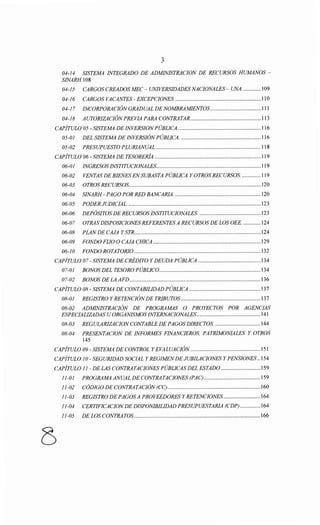 3
04-14 SISTEMA INTEGRADO DE ADMINISTRACION DE RECURSOS HUMANOS-
SINARH.108
04-15 CARGOS CREADOS MEC- UNIVERSIDADES NACIONALES- UNA............. 109
04-16 CARGOS VACANTES- EXCEPCIONES. ........................................................... 110
04-17 INCORPORACIÓN GRADUAL DE NOMBRAMIENTOS................................... 111
04-18 AUTORIZACIÓNPREVIA PARA CONTRATAR................................................. 113
CAPÍTULO 05- SISTEMA DE INVERSIONPÚBLICA ......................................................... 116
05-01 DEL SISTEMA DE INVERSIÓN PÚBLICA. ....................................................... 116
05-02 PRESUPUESTO PLURIANUAL ........................................................................ 118
CAPÍTULO 06- SISTEMA DE TESORERÍA ......................................................................... 119
06-01 INGRESOS INSTITUCIONALES........................................................................ 119
06-02 VENTAS DE BIENES ENSUBASTA PÚBLICA Y OTROS RECURSOS. ............. 119
06-03 OTROS RECURSOS........................................................................................... 120
06-04 SINARH- PAGO POR RED BANCARIA. ........................................................... 120
06-05 PODER JUDICIAL. ........................................................................................... 123
06-06 DEPÓSITOS DE RECURSOS INSTITUCIONALES. .......................................... 123
06-07 OTRAS DISPOSICIONESREFERENTESA RECURSOS DE LOS OEE. ............ 124
06-08 PLAN DE CAJA Y STR....................................................................................... 124
06-09 FONDO FIJO O CAJA CHICA .......................................................................... 129
06-10 FONDO ROTATORIO ....................................................................................... 132
CAPÍTULO 07- SISTEMA DE CRÉDITO Y DEUDA PÚBLICA ........................................... 134
07-01 BONOS DEL TESORO PÚBLICO. ..................................................................... l34
07-02 BONOS DE LA AFD.......................................................................................... 136
CAPÍTULO 08- SISTEMA DE CONTABILIDAD PÚBLICA ................................................. 137
08-01 REGISTRO Y RETENCIÓNDE TRIBUTOS....................................................... l37
08-02 ADMINISTRACIÓN DE PROGRAMAS O PROYECTOS POR AGENCIAS
ESPECIALIZADAS U ORGANISMOS INTERNACIONALES............................................ 141
08-03 REGULARIZACION CONTABLE DE PAGOS DIRECTOS. ............................... 144
08-04 PRESENTACION DE INFORMES FINANCIEROS, PATRIMONIALES Y OTROS
145
CAPÍTULO 09- SISTEMA DE CONTROL Y EVALUACIÓN ................................................ 151
CAPÍTULO JO- SEGURIDAD SOCIAL Y REGIMENDE JUBILACIONES Y PENSIONES .. 154
CAPÍTULO 11- DE LAS CONTRATACIONES PÚBLICAS DEL ESTADO ........................... 159
11-01 PROGRAMA ANUAL DE CONTRATACIONES (PAC) ....................................... 159
11-02 CÓDIGO DE CONTRATACIÓN (CC)................................................................ l60
11-03 REGISTRO DE PAGOSA PROVEEDORES Y RETENCIONES. ......................... 164
11-04 CERTIFICACION DE DISPONIBILIDAD PRESUPUESTARIA (CDP) .............. 164
11-05 DE LOS CONTRATOS....................................................................................... I66
 