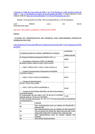 o 
Decreto nº 1.656, de 3 de outubro de 1995, o art. 4º do Decreto no 1.840, de 20 de março de 1996, e o art. 1º do Decreto no 3.643, de 26 de outubro de 2000, na parte referente à nova redação dada aos arts. 22 e 23 do Decreto nº 71.733, de 18 de janeiro de 1973. 
Brasília, 19 de dezembro de 2006; 185o da Independência e 118o da República. 
LUIZ INÁCIO LULA DA SILVA Paulo Bernardo Silva 
Este texto não substitui o publicado no DOU de 20.12.2006. 
ANEXO 
VALOR DA INDENIZAÇÃO DE DIÁRIAS AOS SERVIDORES PÚBLICOS FEDERAIS NO PAÍS 
(Art. 58 da Lei nº 8.112, de 1990, art. 16 da Lei nº 8.216, de 1991, e art. 15 da Lei nº 8.270, de 1991) 
CLASSIFICAÇÃO DO CARGO, EMPREGO E FUNÇÃO 
VALOR DA 
DIÁRIA EM R$ 
A) Cargos de Natureza Especial, DAS-6 e CD-1; e 
- Presidentes, Diretores e FDS-1 do BACEN 
98,86 
B) DAS-5, DAS-4, DAS-3 e CD-2, CD-3 e CD-4; 
- FDE-1, FDE-2, FDT-1, FCA-1, FCA-2, FCA-3; e 
- Cargos Comissionados Temporários do BACEN. 
82,47 
C) DAS-2 e DAS-1; 
- FDO-1, FCA-4 e FCA-5 do BACEN; e 
- Cargos de Nível Superior. 
68,72 
D) FG-1, FG-2, FG-3 e GR; 
- FST-1, FST-2 e FST-3 do BACEN; e 
- Cargos de Nível Médio (BACEN), de Nível Intermediário e de Nível Auxiliar. 
57,28 
E) Indenização de que trata o art. 16 da Lei nº 8.216/91, alterado pelo art. 15 da Lei nº 8.270/91. 
17,46 
O valor da diária dos grupos “A”, “B”, “C” e “D” será acrescido da importância correspondente a: 
% 
LOCAIS 
90 
Nos deslocamentos para as cidades de Brasília-DF e Manaus-AM. 
80 
Nos deslocamentos para as cidades de São Paulo-SP, Rio de Janeiro-RJ, Recife-PE, Belo Horizonte-MG, Porto Alegre-RS, Belém-PA, Fortaleza-CE e Salvador-BA. 
70 
Nos deslocamentos para as demais capitais dos Estados. 
50 
Nos demais deslocamentos.  