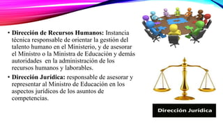 • Dirección de Recursos Humanos: Instancia
técnica responsable de orientar la gestión del
talento humano en el Ministerio, y de asesorar
el Ministro o la Ministra de Educación y demás
autoridades en la administración de los
recursos humanos y laborables.
• Dirección Jurídica: responsable de asesorar y
representar al Ministro de Educación en los
aspectos jurídicos de los asuntos de
competencias.
 