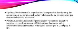 • D) dirección de desarrollo organizacional: responsable de orientar y dar
seguimiento a los cambios culturales y al desarrollo de competencias que
demande el sistema educativo.
• Párrafo. La oficina nacional de planificación y desarrollo educativo
trabajara en coordinación con el Ministerio de Economía pld , y
deacurdo con los lineamientos estratégicos dictado por el CND para el
SE.
 