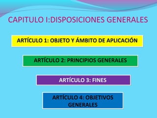 CAPITULO I:DISPOSICIONES GENERALES

  ARTÍCULO 1: OBJETO Y ÁMBITO DE APLICACIÓN


       ARTÍCULO 2: PRINCIPIOS GENERALES


                ARTÍCULO 3: FINES

              ARTÍCULO 4: OBJETIVOS
                   GENERALES
 