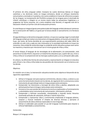 El primero de ellos, Lenguaje verbal, incorpora las cuatro destrezas básicas en lengua
castellana y las destrezas orales en lengua extranjera, desde un enfoque claramente
comunicativo y centrado en la práctica, tal y como establece el marco de referencia europeo
de las lenguas. La incorporación del Portfolio europeo de las lenguas para el alumnado de
infantil contribuye a integrar en un mismo marco todas las actuaciones lingüísticas y a
programar de forma conjunta, tal y como establece este Decreto, el segundo ciclo de la
Educación infantil y el primer ciclo de la educación primaria.
En este bloque se integrael gestocomopotenciadordel lenguaje verbalydestacael comienzo
de la construcción del hábito y el gusto por la lectura desde el acercamiento a la literatura
infantil.
Al segundobloque se denomina Lenguajescreativos,sinque eso suponga negar la creatividad
del lenguaje verbal,porrealzarunanotacomún al lenguaje plástico,al musical yal corporal.Se
huye, por tanto, de forma decidida de una especialización prematura del saber difícil de
entender en este ciclo y cada vez más irrelevante en la sociedad multimedia en la que nos
movemos. Esta unidad de contenido exige la unidad de acción educativa aunque sean varios
las maestros y maestros que intervienen con el mismo grupo de niñas y niños.
El tercer bloque, El lenguaje de las tecnologías de la información y la comunicación, está
presente enlavidainfantil, requieren un tratamiento educativo que, a partir del uso, inicie a
niñas y niños en la comprensión de los mensajes audiovisuales y en su utilización adecuada.
En síntesis, las diferentes formas de comunicación y representación se integran en esta área
para ofrecer a las niñas y niños todas las vías posibles de interconexión con el entorno y con
los demás.
Objetivos
En relación con el área, la intervención educativa tendrá como objetivo el desarrollo de las
siguientes capacidades:
1. Utilizar el lenguaje oral para expresar sentimientos, deseos e ideas, y valorar su uso
como herramientade relaciónconlos demás, de regulación de la convivencia y como
instrumento de aprendizaje tanto en lengua propia como extranjera.
2. Comprender las intenciones y mensajes de otros niños y adultos, adoptando una
actitud positiva hacia la lengua, tanto propia como extranjera.
3. lniciarse enlosusossocialesde lalecturayla escritura explorando su funcionamiento
y valorándolas como instrumento de comunicación, información y disfrute.
4. Comprender y disfrutar escuchando, interpretando y leyendo textos literarios
mostrando actitudes de valoración, disfrute e interés hacia ellos.
5. Comprender y representar ideas y sentimientos empleando el lenguaje plástico,
corporal y musical mediante el empleo de diversas técnicas y acercarse al
conocimiento de obras artísticas expresadas en esos lenguajes.
6. Utilizar el ordenador para acceder al uso del lenguaje multimedia para mejorar o
reforzar habilidades y conocimientos.
Contenidos
Bloque 1. El lenguaje verbal.
 