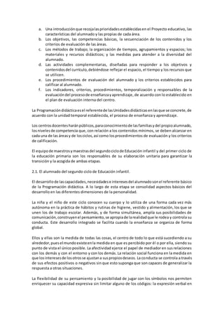 a. Una introducciónque recojalasprioridadesestablecidasen el Proyecto educativo, las
características del alumnado y las propias de cada área.
b. Los objetivos, las competencias básicas, la secuenciación de los contenidos y los
criterios de evaluación de las áreas.
c. Los métodos de trabajo; la organización de tiempos, agrupamientos y espacios; los
materiales y recursos didácticos; y las medidas para atender a la diversidad del
alumnado.
d. Las actividades complementarias, diseñadas para responder a los objetivos y
contenidosdel currículo,debiéndose reflejar el espacio, el tiempo y los recursos que
se utilicen.
e. Los procedimientos de evaluación del alumnado y los criterios establecidos para
calificar al alumnado.
f. Los indicadores, criterios, procedimientos, temporalización y responsables de la
evaluacióndel procesode enseñanzayaprendizaje, de acuerdo con lo establecido en
el plan de evaluación interna del centro.
La Programacióndidácticaesel referentede lasUnidadesdidácticasenlasque se concrete,de
acuerdo con la unidad temporal establecida, el proceso de enseñanza y aprendizaje.
Los centrosdocentesharánpúblicos,paraconocimientode lasfamiliasydel propioalumnado,
losnivelesde competencia que, con relación a los contenidos mínimos, se deben alcanzar en
cada una de las áreasy de losciclos,así como losprocedimientos de evaluación y los criterios
de calificación.
El equipode maestrosymaestrasdel segundociclode Educación infantil y del primer ciclo de
la educación primaria son los responsables de su elaboración unitaria para garantizar la
transición y la acogida de ambas etapas.
2.1. El alumnado del segundo ciclo de Educación infantil.
El desarrollode lascapacidades,necesidadese interesesdel alumnadosonel referente básico
de la Programación didáctica. A lo largo de esta etapa se consolidad aspectos básicos del
desarrollo en las diferentes dimensiones de la personalidad.
La niña y el niño de este ciclo conocen su cuerpo y lo utiliza de una forma cada vez más
autónoma en la práctica de hábitos y rutinas de higiene, vestido y alimentación, los que se
unen los de trabajo escolar. Además, y de forma simultánea, amplía sus posibilidades de
comunicación,construyenel pensamiento,se apropiade larealidadque le rodea y controla su
conducta. Este desarrollo integrado se facilita cuando la enseñanza se organiza de forma
global.
Ellos y ellas son la medida de todas las cosas, el centro de todo lo que está sucediendo a su
alrededor,puesel mundoexisteenla medida en que es percibido por él o por ella, siendo su
punto de vista el único posible. La afectividad ejerce el papel de mediador en sus relaciones
con los demás y con el entorno y con los demás. La relación social funciona en la medida en
que losinteresesde losotrosse ajustana suspropiosdeseos. La conducta se controla a través
de sus efectos positivos o negativos sin que esto suponga que son capaces de generalizar la
respuesta a otras situaciones.
La flexibilidad de su pensamiento y la posibilidad de jugar con los símbolos nos permiten
enriquecer su capacidad expresiva sin limitar alguno de los códigos: la expresión verbal en
 